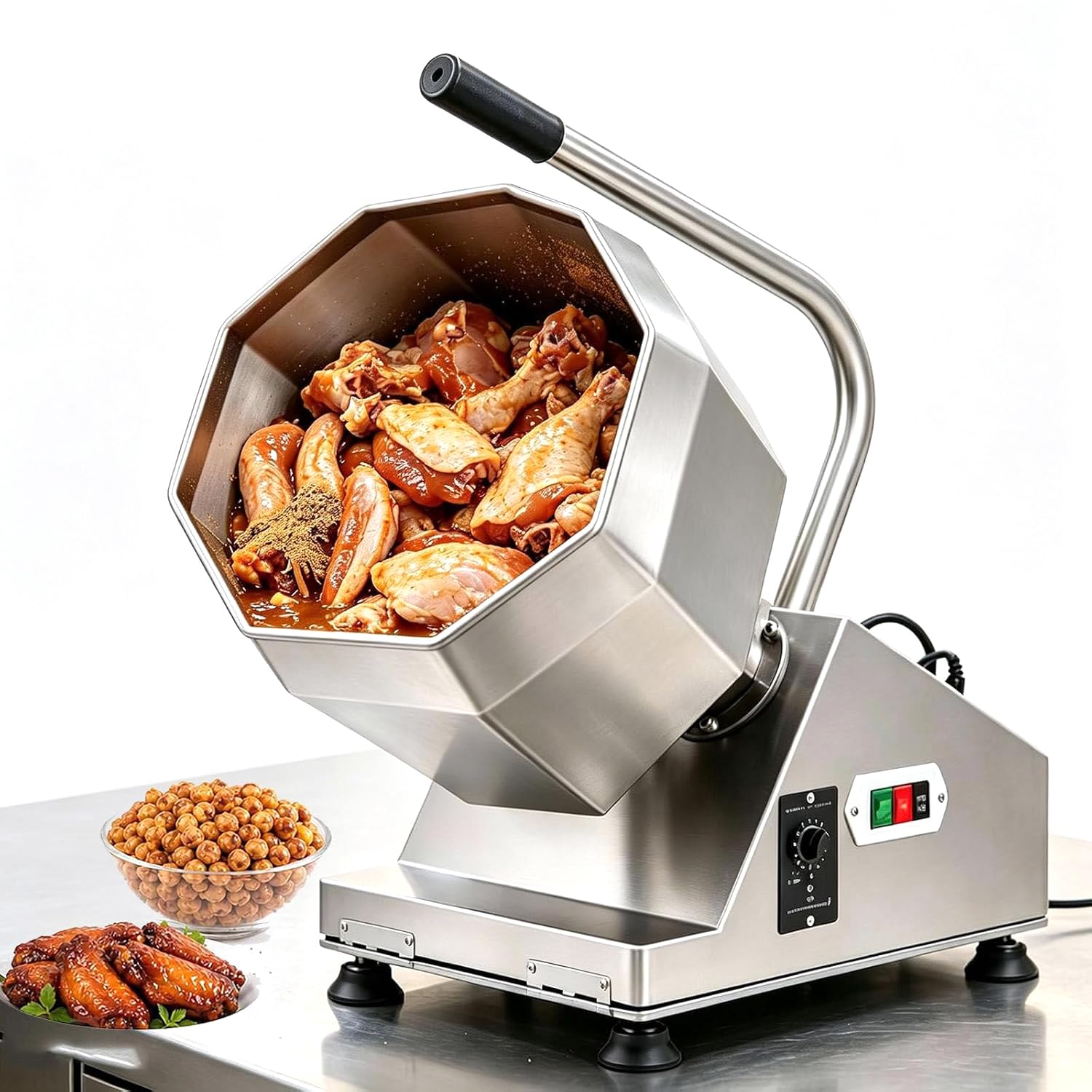 Mélangeur Alimentaire Professionnel, en Acier Inoxydable, pour Marinade Et Enrobage De Viande, Capacité De 15 L, Rotation Réversible, Vitesse Réglable De 10 À 30 TR/Min, Vidange par Inclinaison,