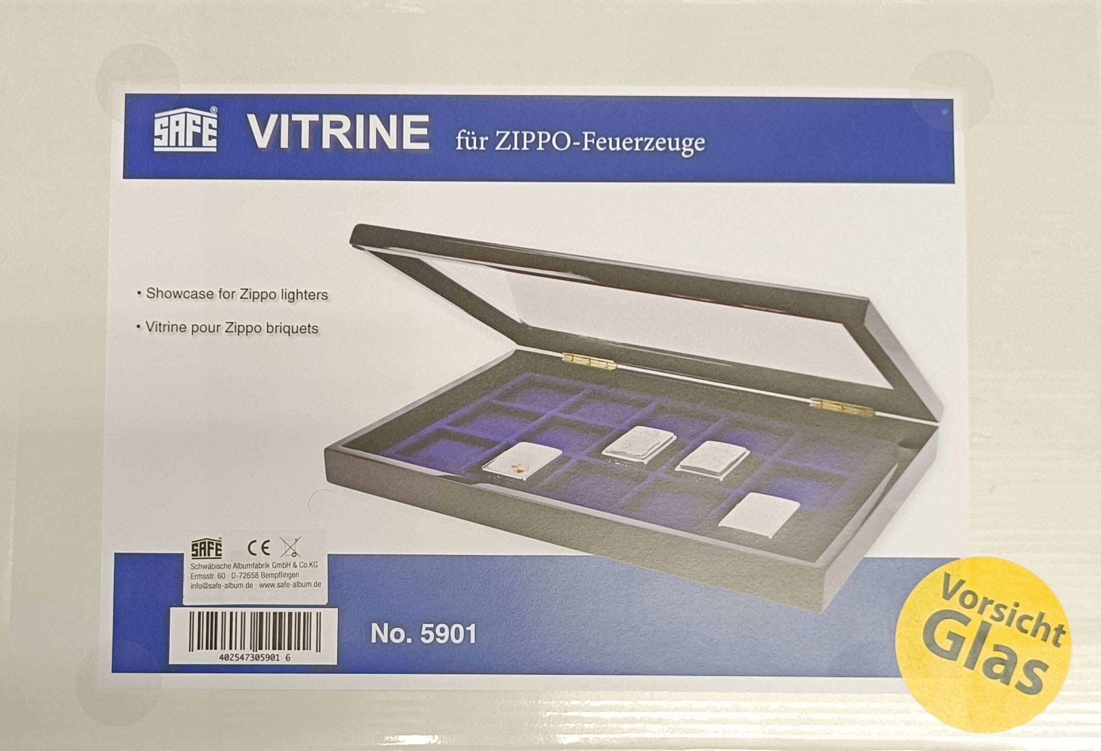 Safe 5901 Estuche de colección para 15 Compartimentos de encendedores ZIPPO | Inserto de Terciopelo Azul | Estuche con Cierre magnético Invisible | Dimensiones : 375 x 330 x 26 mm