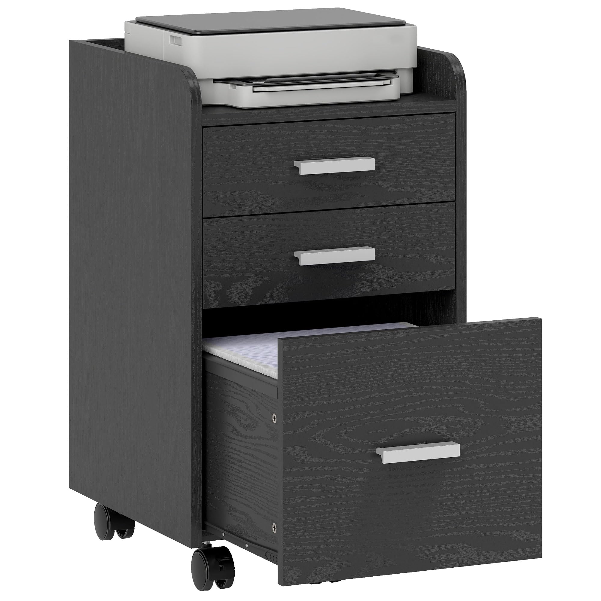 Homcom Unisex Black Mobile Filing Cabinet, File Cabinet With 3 Drawers,