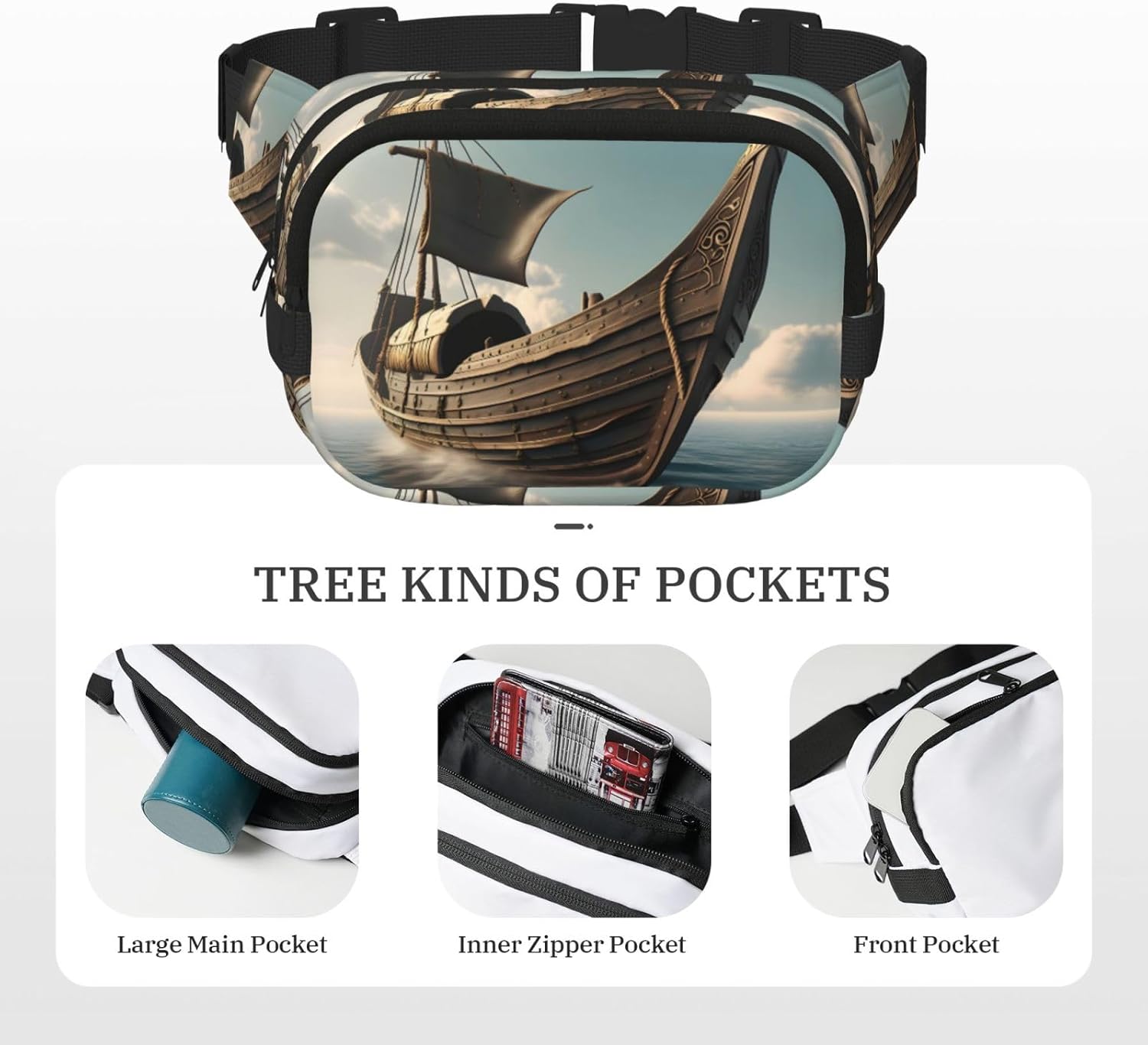 Old Viking Boat Print Fashion Waist Packs Square Layer Waist Bag Black Belt Bag with Adjustable Strap