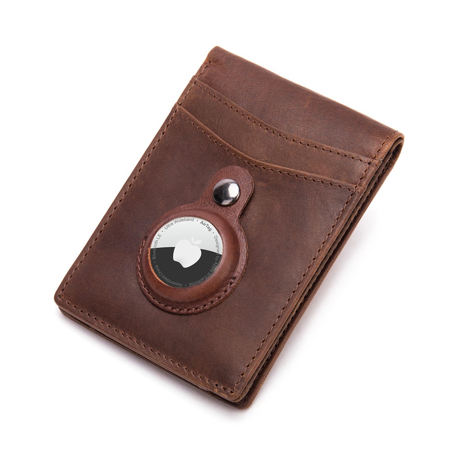 BONITAGenuine Leather AirTag Wallet With 11 Pocket Slots RFID Anti-theft Card Bag Three-Dimensional shape with Dollar Clip Airtag Holder Cowhide Card Holder for Men Women (BROWN)