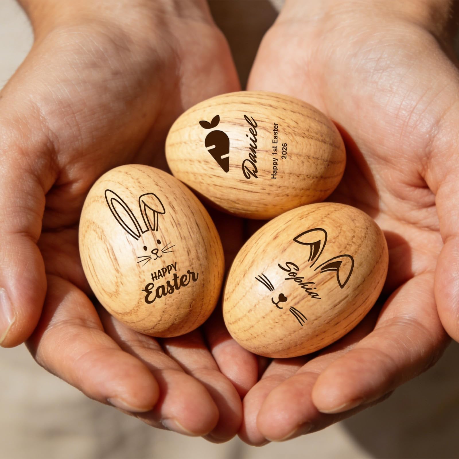 Personalized Easter Egg Shaker with Custom Engraving Text, Wooden Musical Egg Maracas,Easter Basket Stuffers, Hand Instrument First Easter Gifts Ideas for Decor Birthday Education Party (Wooden eggs)