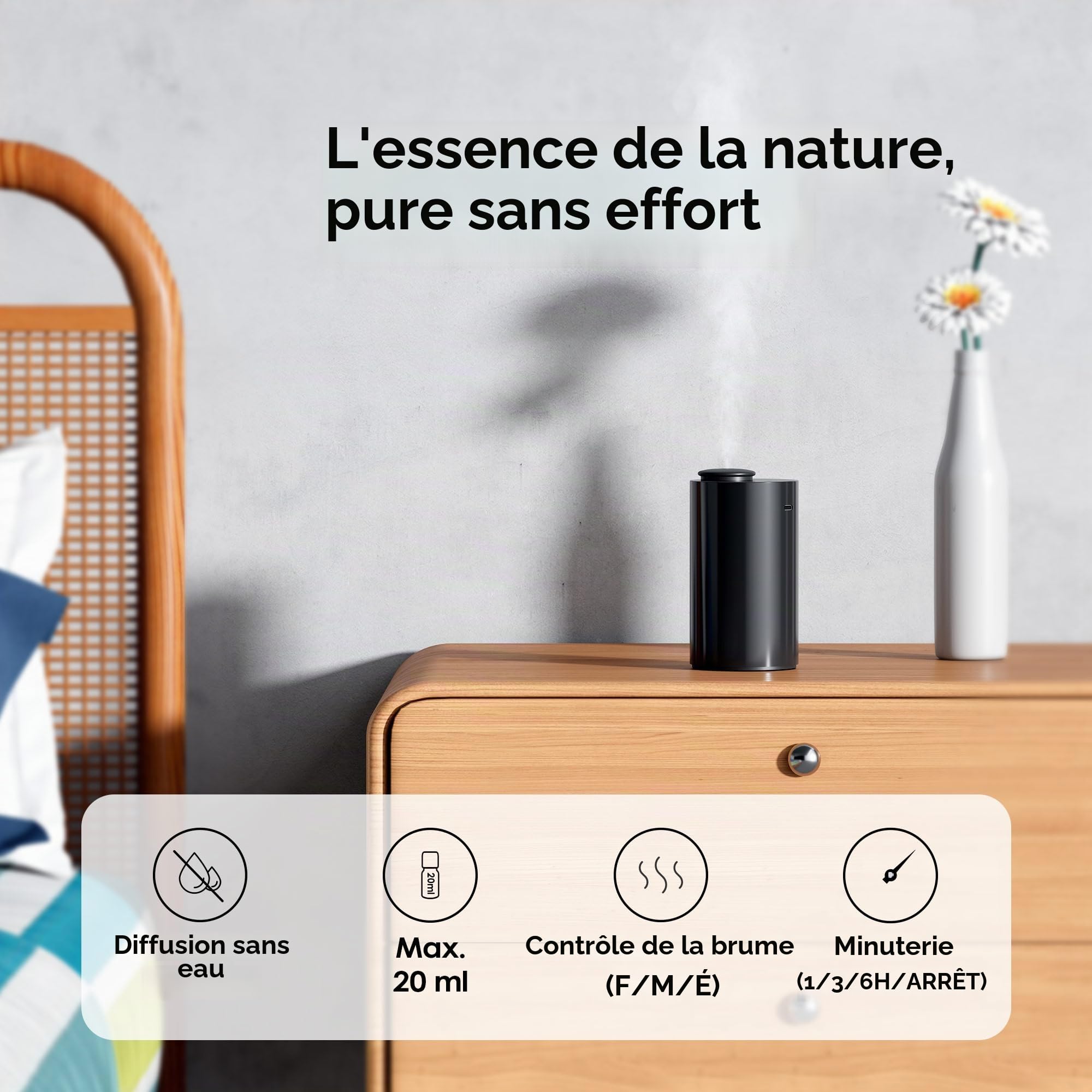 Airversa Diffuseur d'huiles essentielles sans Eau. Nébuliseur à Batterie, Mini arôme - Machine. Aromathérapie, 4 minuteurs, 3 Niveaux de Vapeur. pour la Maison, la Voiture, Le Bureau. AN6 Noir