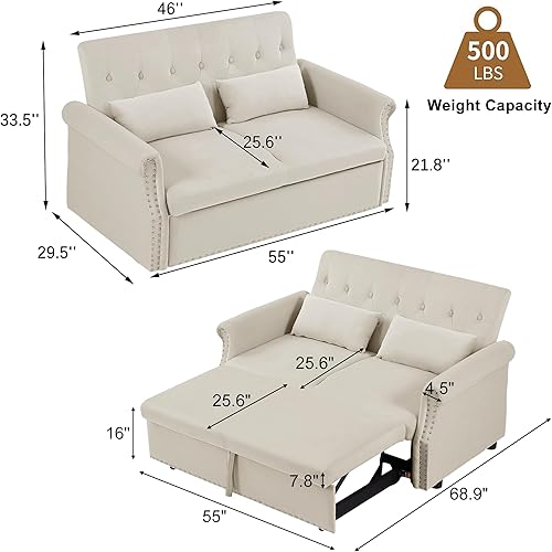 Miniatura 2 de ARCLIS Sofá cama extraíble de 55 pulgadas, sofá biplaza de terciopelo, sofá cama pequeño y matrimonial, moderno sofá cama convertible con respaldo