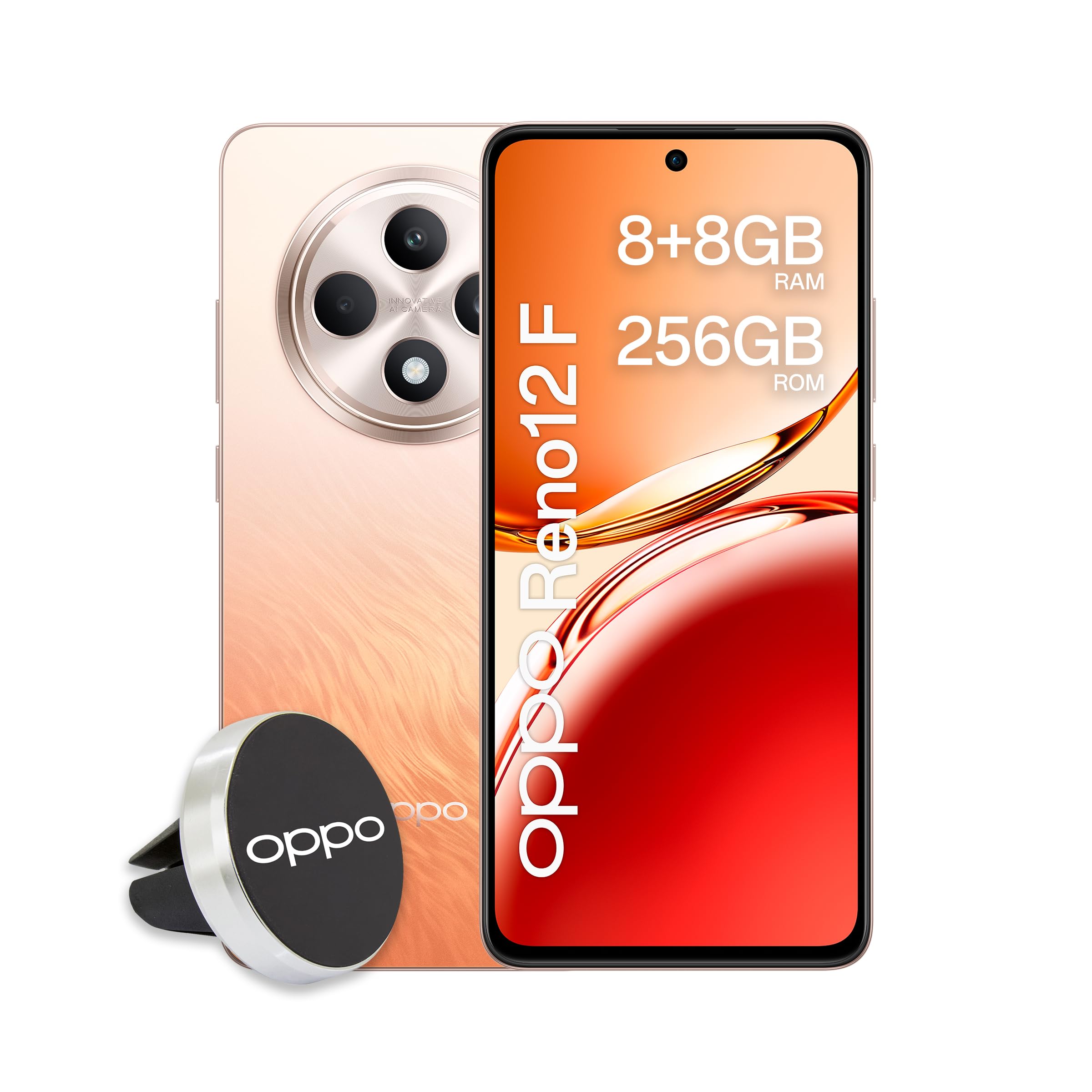OPPO Reno12 F 4G AI Smartphone, Tripla fotocamera 50+8+2MP, Selfie 32MP, Display 6.67” 120HZ AMOLED FHD+, 5000mAh, RAM 8GB(Esp4GB/6GB/8GB)+ROM 256GB, Supporto Auto [Versione Italia], Amber Orange