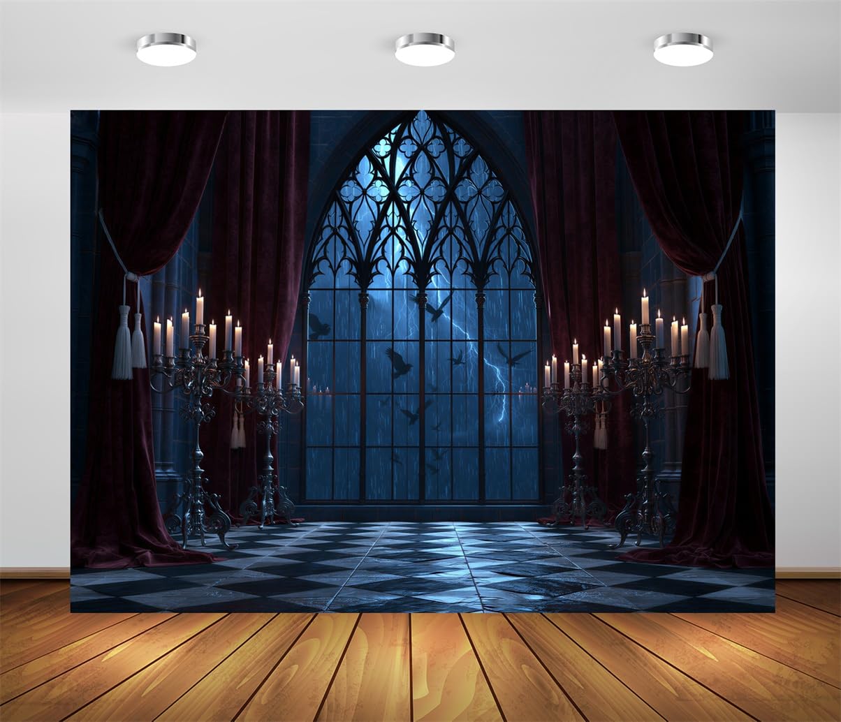 BELECO 3.6x2.5m Sfondo in tessuto Sala Gotica Scura Halloween Spaventoso | Finestra Ad Arco Gotica Spaventosa Tempesta Corvi Candeliere Vista Castello Sfondo Orrore Telo Di Sfondo