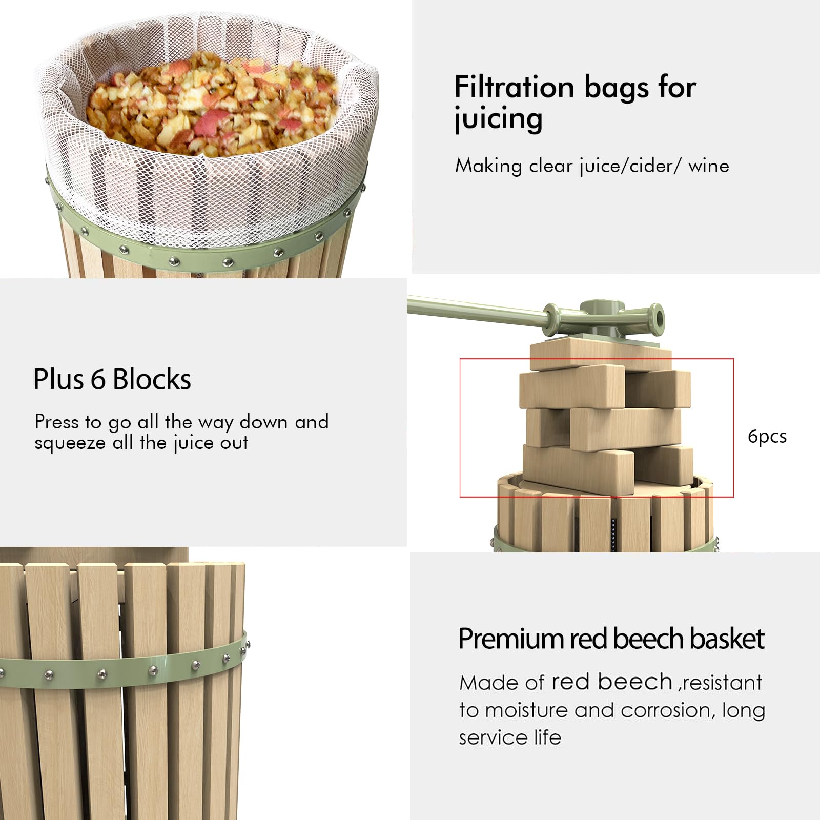1.6 Gallon Green Fruit and Wine Press Manual Cider Juice Maker with Solid Beech Wood Basket & Heavy-Duty Stand for Apples Grapes Berries product thumbnail 6