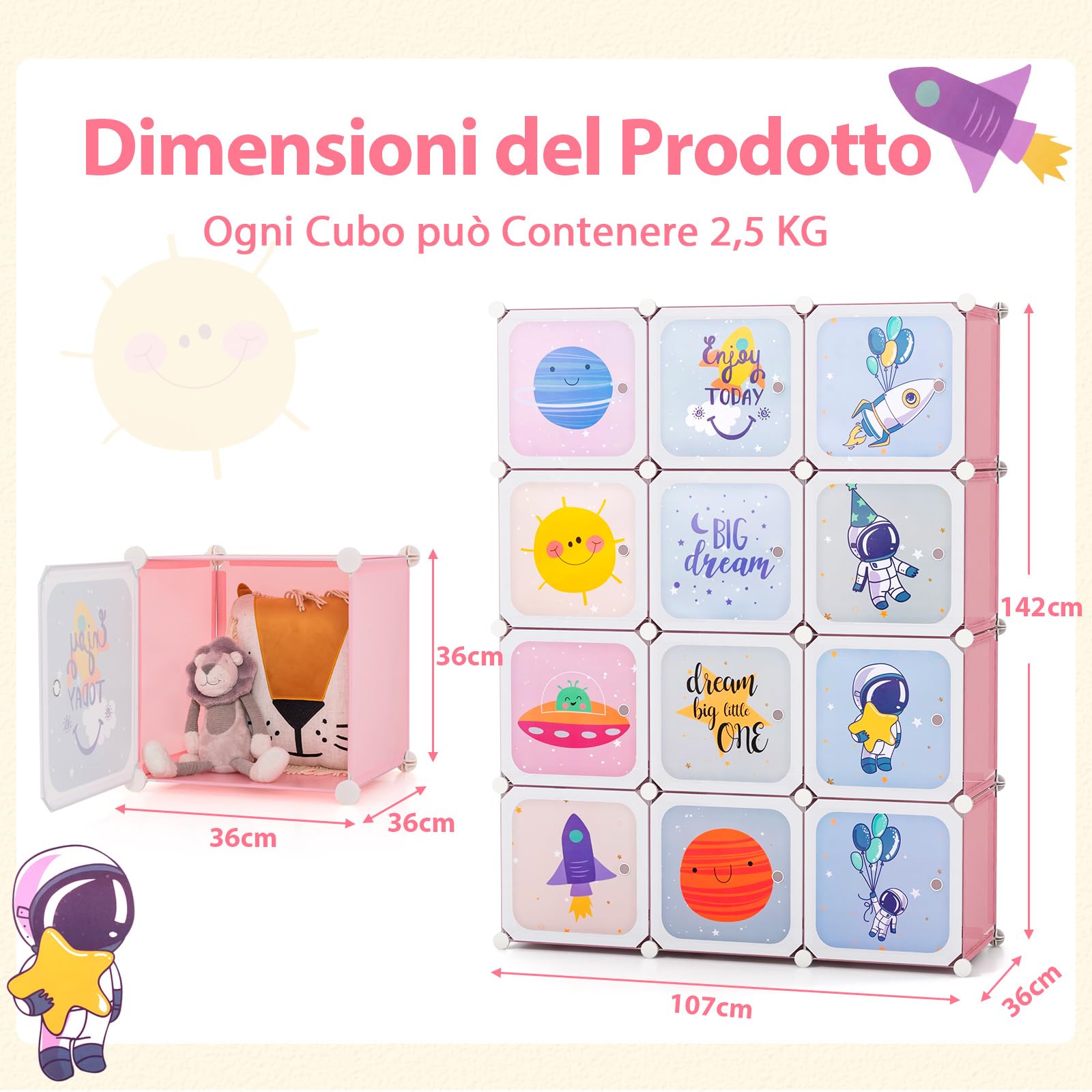 COSTWAY Portatile Guardaroba per Bambini, Armadio Guardaroba Modulare per Bambini con 2 Barre Appendiabiti, per Cameretta Camera da Letto, 107 x 36 x 142 cm (Rosa)