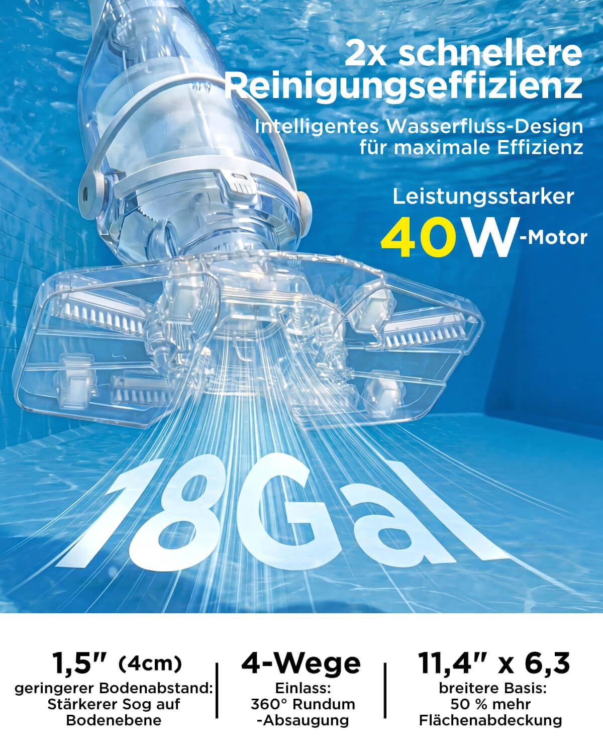 InoKraft Poolsauger Akku für Aufstellpools,Pool Bodensauger,Bodensauger mit 60 Min Laufzeit, 150cm Teleskopstange, 4300 l/h Saugleistung, kabelloser Blauer Schwimmbadreiniger