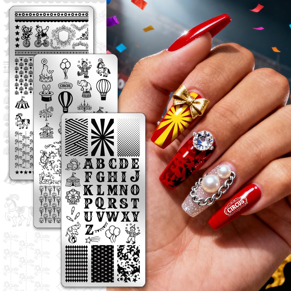 PH PandaHall 3 placas de estampado de uñas de circo, plantillas de arte de uñas de payaso, animal, geométricas