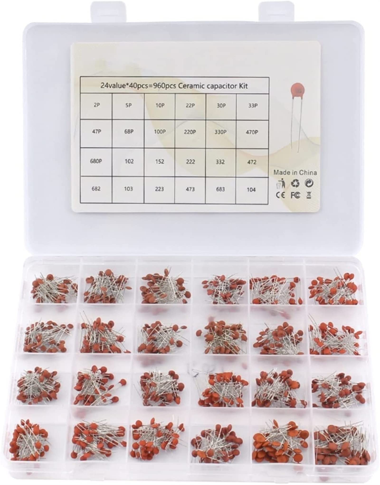 Kit de condensadores de conmutación Kit surtido de condensadores de cerámica de 24 valores 2PF-0.1UF 50V Conjunto de condensadores de cerámica 47PF 68PF 100PF 220PF Paquete de condensadores electrónic
