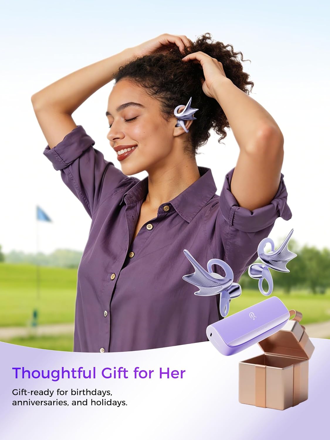 REAL YOUNG H700 Open-Ear Headphones, Jewelry-Inspired Secure Earhook Earbuds, Premium Sound, Deep Bass, Wireless Bluetooth 5.4, 2-Mic Clear Calls, IPX7, 40H, for Fashion, Gift for Women (Violet)