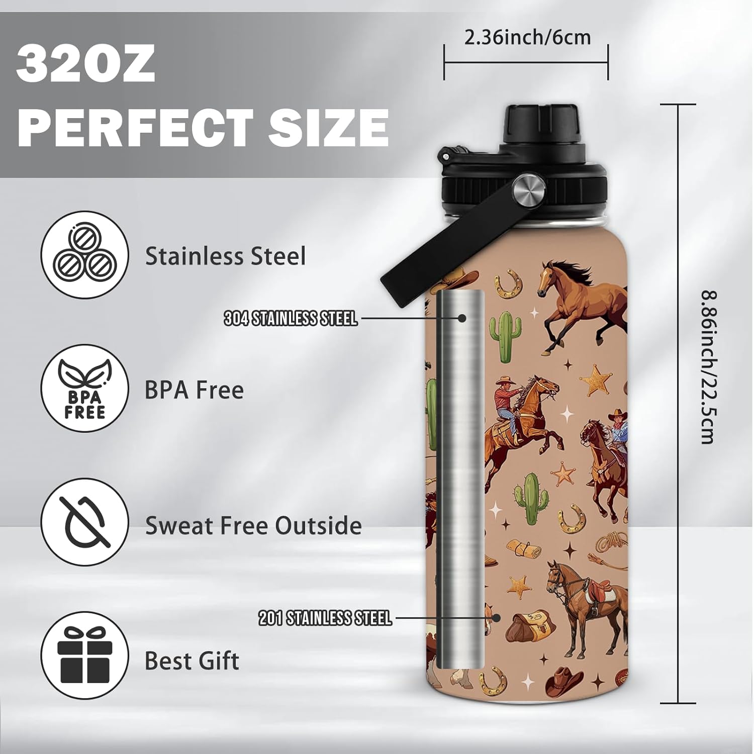 Western Cowgirl Water Bottle 32 Oz, Horse Water Bottle For Women, Birthday Christmas Graduation Horse Gifts For Women Men Best Friends, Horse Travel Coffee Insulated Cup - Image 4
