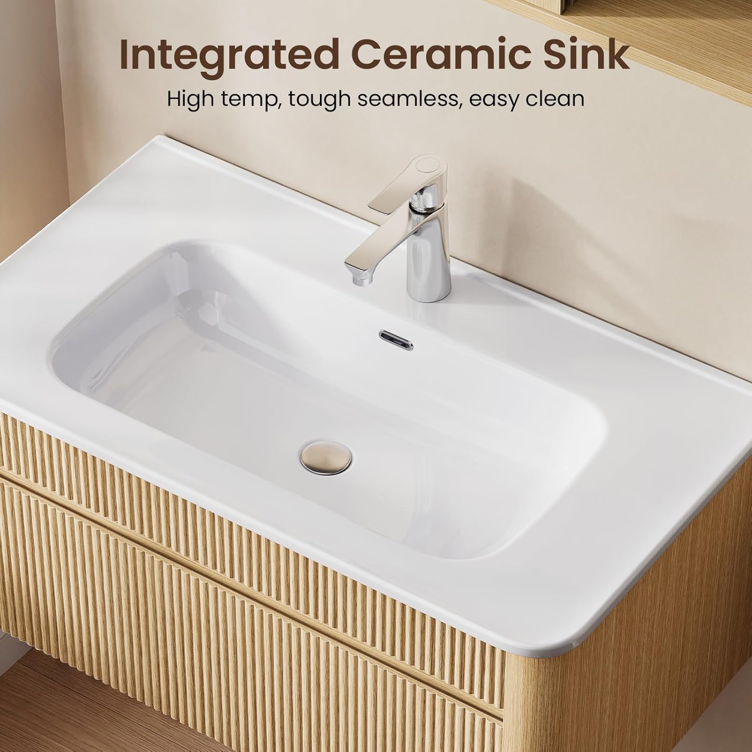 ModernMate 30" Wall Mounted Floating Bathroom Vanity with Sink, Solid Wood Legs & Fluted Panel, Arc Integrated Ceramic Sink, U-Shaped Large Storage, Soft-Close Slides, Pre-Assembled, Natural Oak