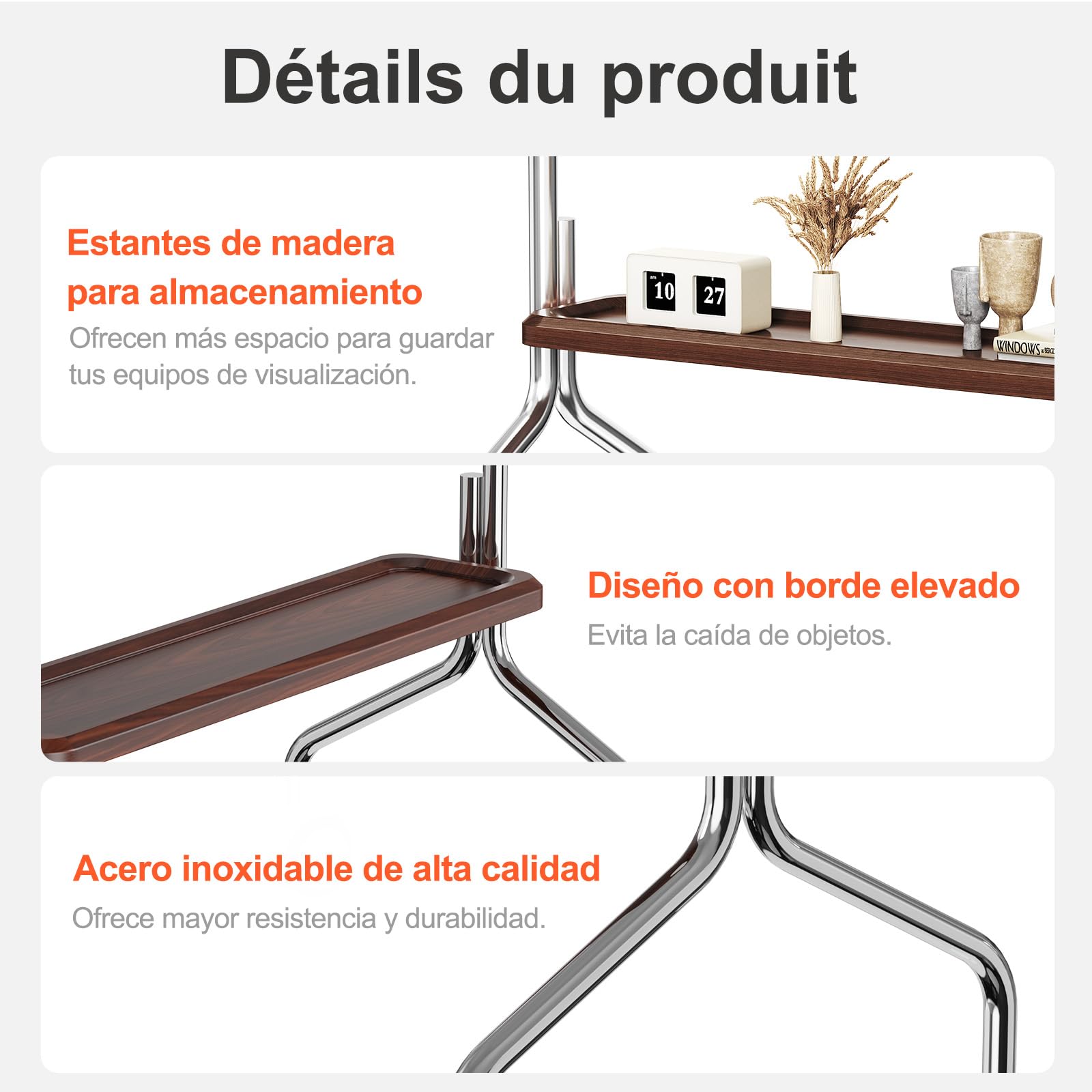 Soporte TV Ruedas para Televisión de 32 a 75 Pulgadas, hasta 50 kg | Con Estante, Tablero Perforado, Giro 360°, Diseño en acero inoxidable, Gestión de Cable, Máx.VESA 600x400mm