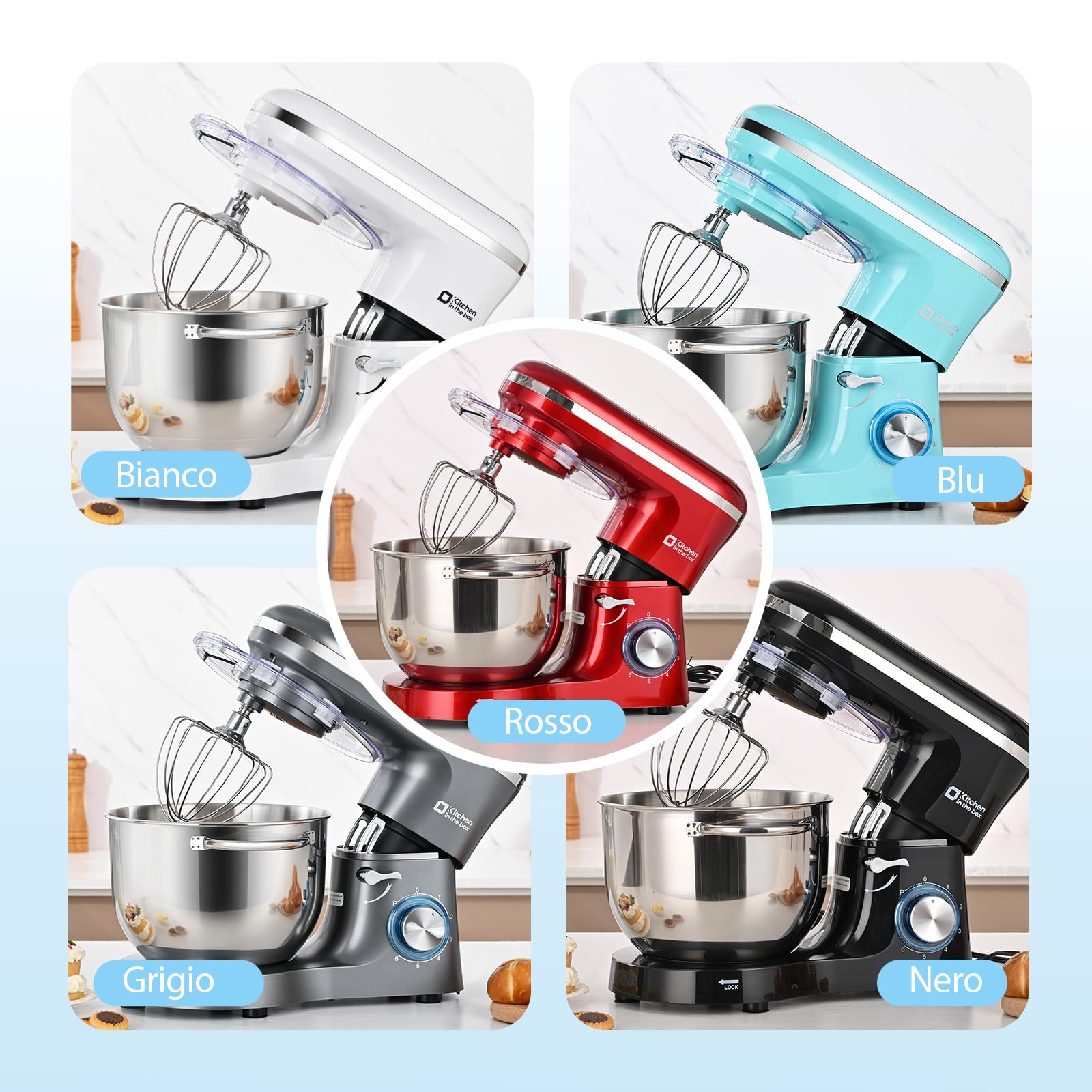 Kitchen in the box Impastatrice Planetaria, 6,2 Litri Impastatrice Professionale 1400W, 6 Velocità con Uncino Impastatore, Mescolatore e Frusta Sbattitrice (Grigio)