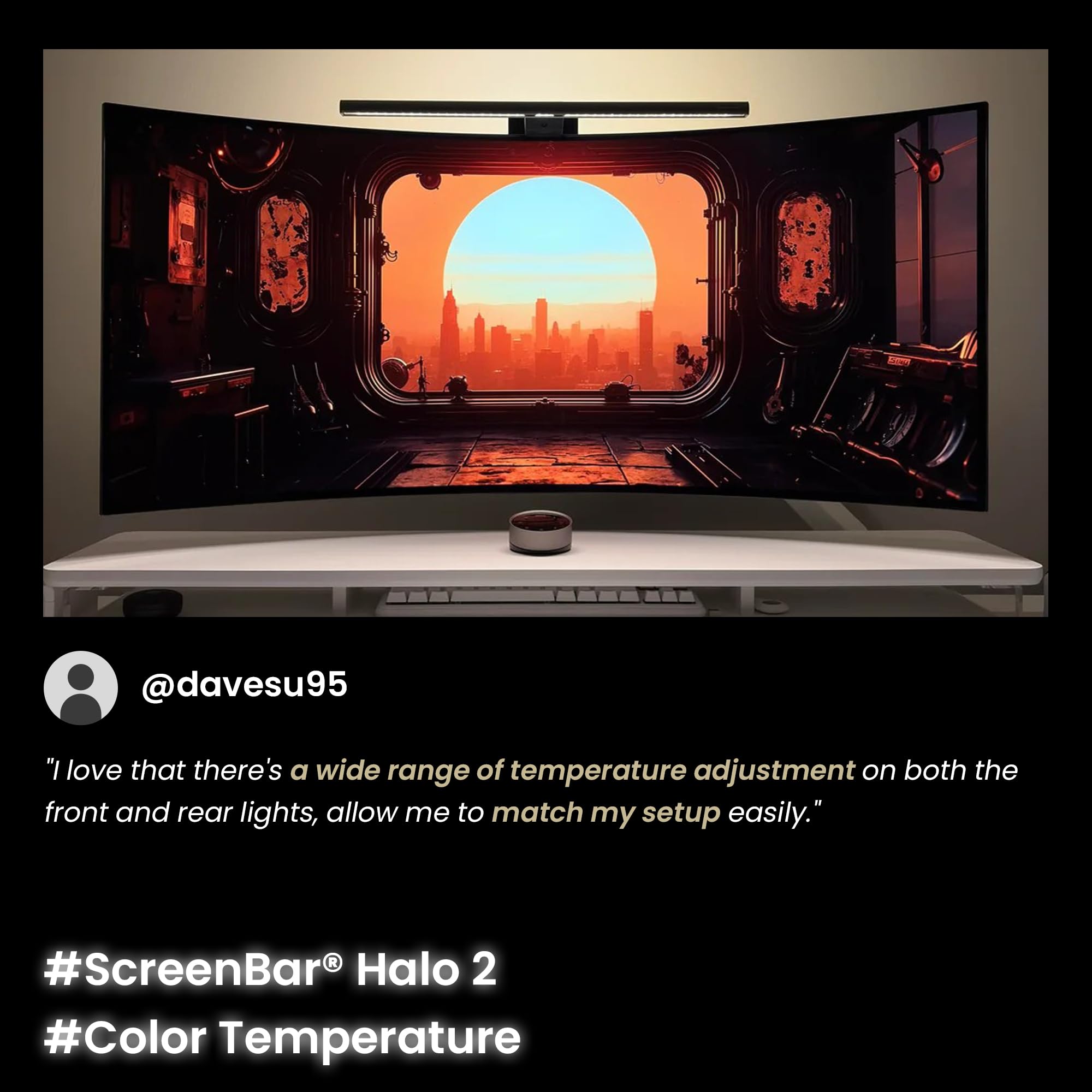 BenQ ScreenBar Halo 2 – LED Monitorlampe mit kabellosem Controller, blendfreiem Licht, einstellbarer Helligkeit & Farbtemperatur, augenschonend, USB-betrieben