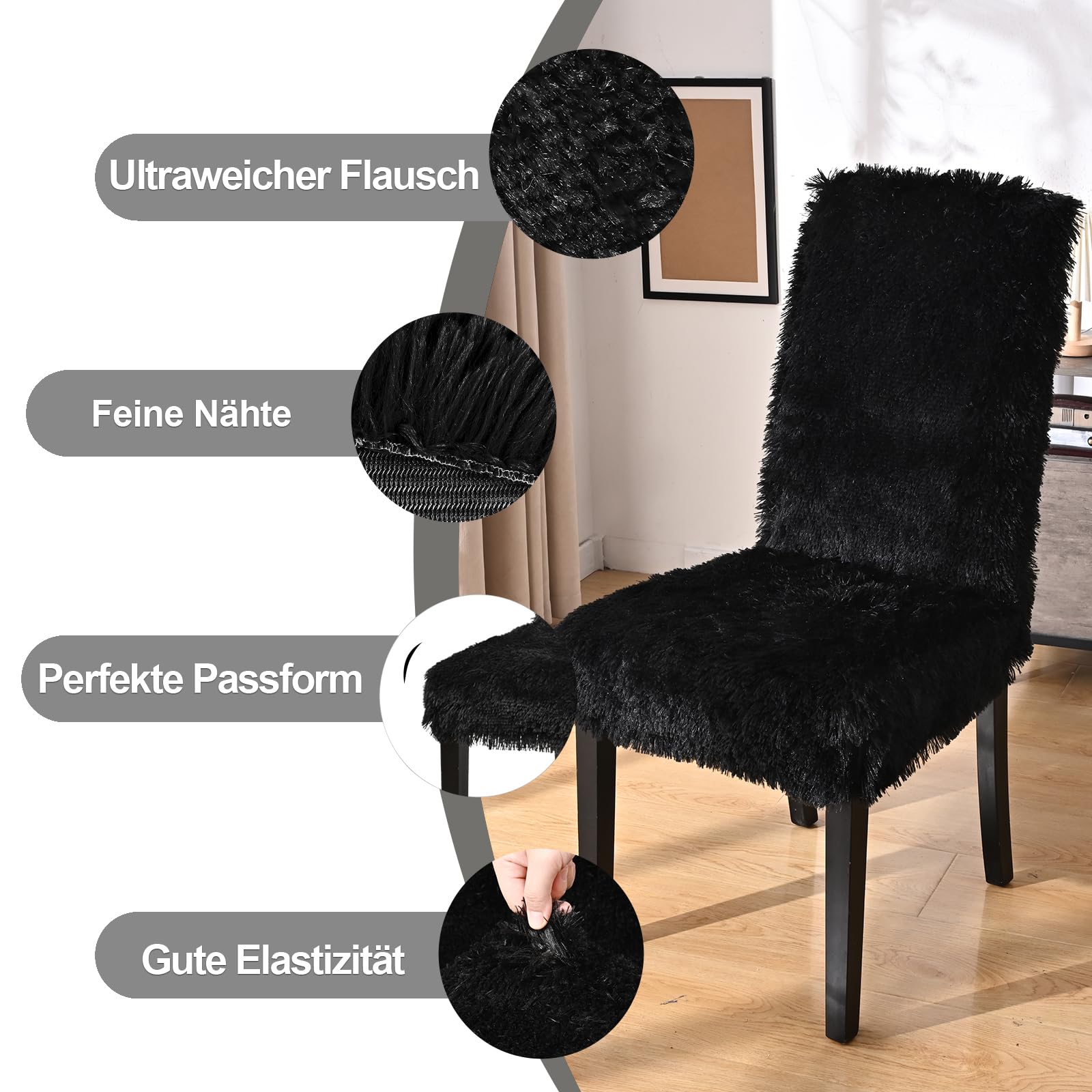 Alishomtll Stretch Stuhlhussen Hochflor Hussen Schwingstuhl 6er Set Schwarz