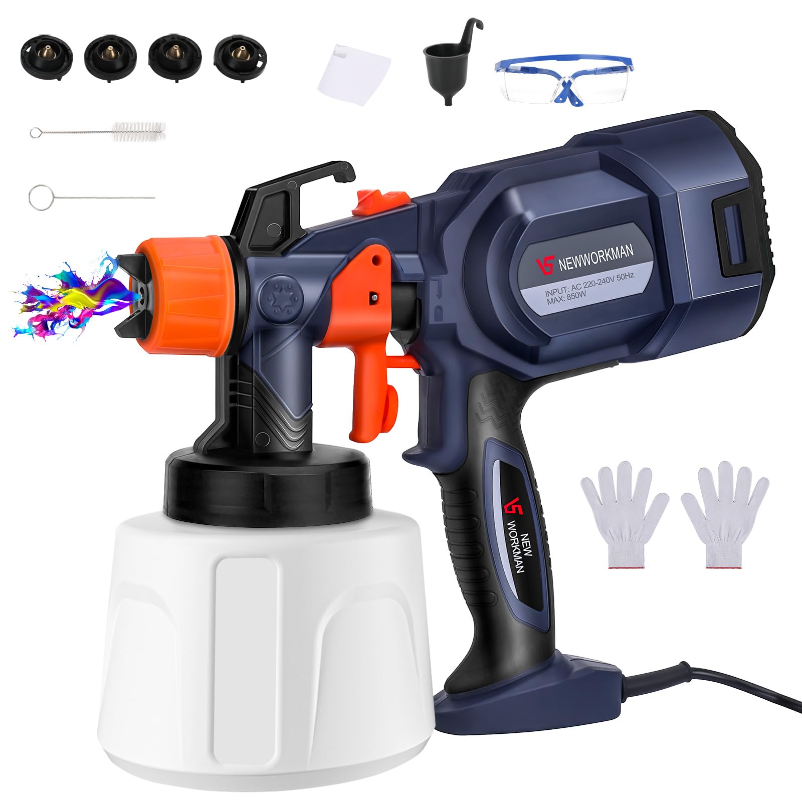 Pistola de pintura eléctrica, 650W Pulverizador de pintura con depósito de 1400 ml, 4 boquillas, 3 patrones, cepillo de limpieza, guantes y gafas de seguridad para pintar casas, vallas, enchufe UE