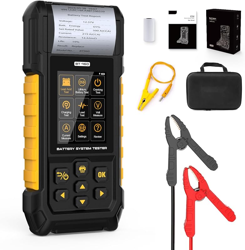 BT960 Car Battery Tester for Lead-Acid & Lithium Batteries with Printer,30-2000 CCA Automotive Battery Load Tester Health Cranking Charging System Leakage Test for Motorcycle, Car, Truck, RV, Boat
