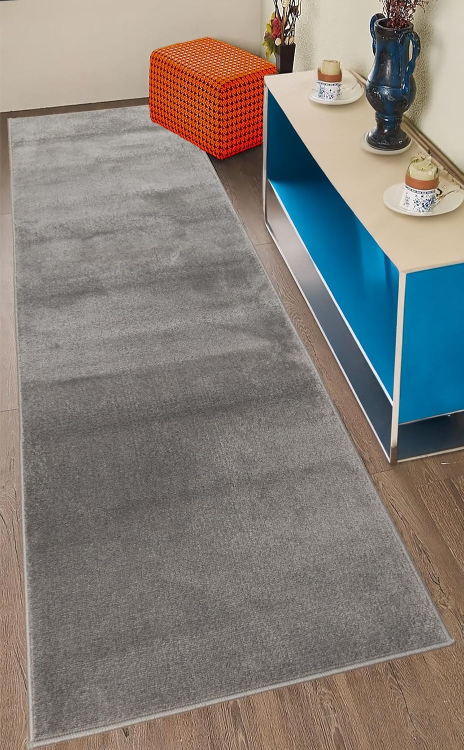 Custom Size Anti-Slip Washable Soft Pile Low Weight Gray Color Carpet Runner (Gray, 26" x 6')