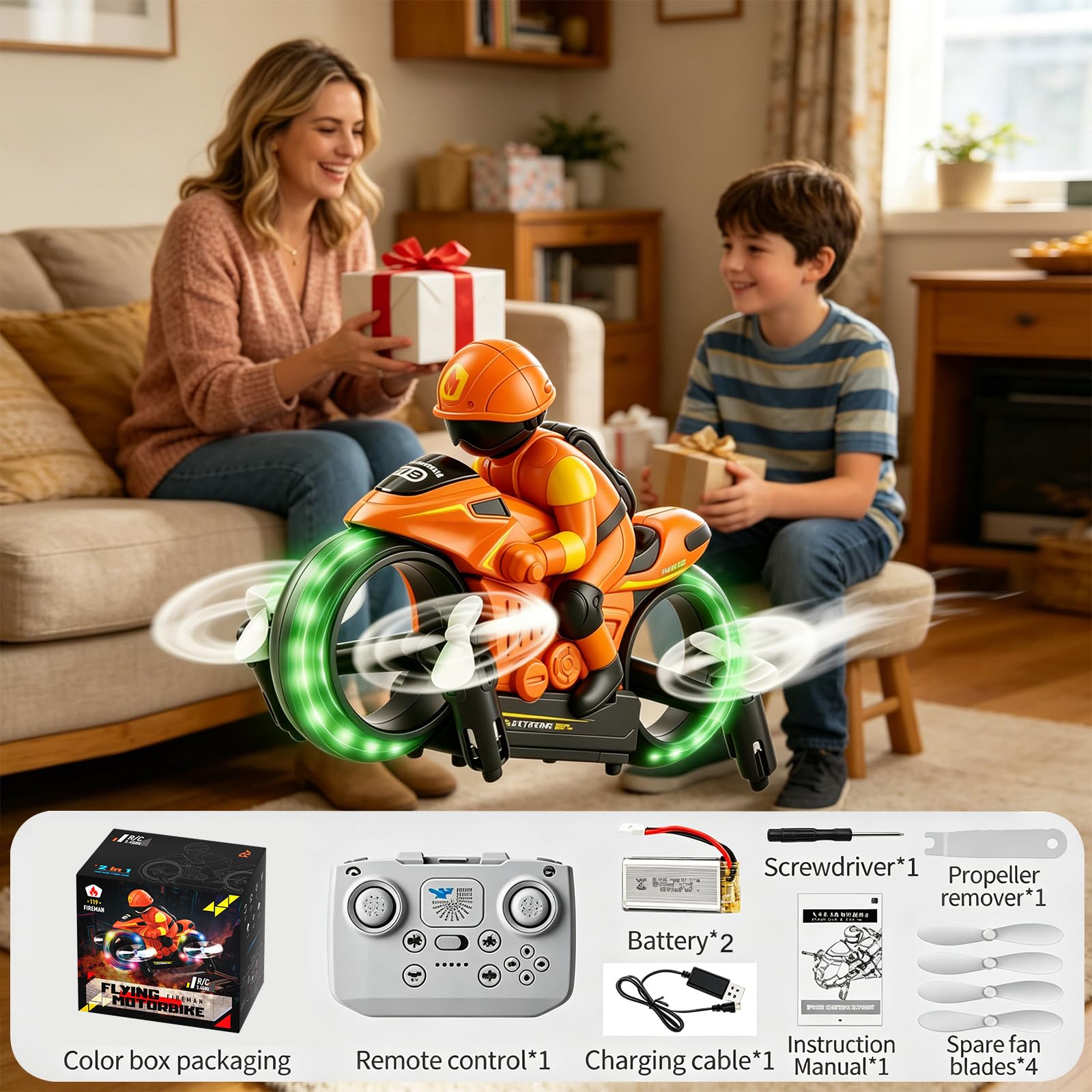 OBEST Motocicleta teledirigida 2,4 G, 2 en 1, avión no tripulado de tierra y aire, giro de 360°, vuelo flotante automático, modo sin cabeza, iluminación LED, función de carga USB