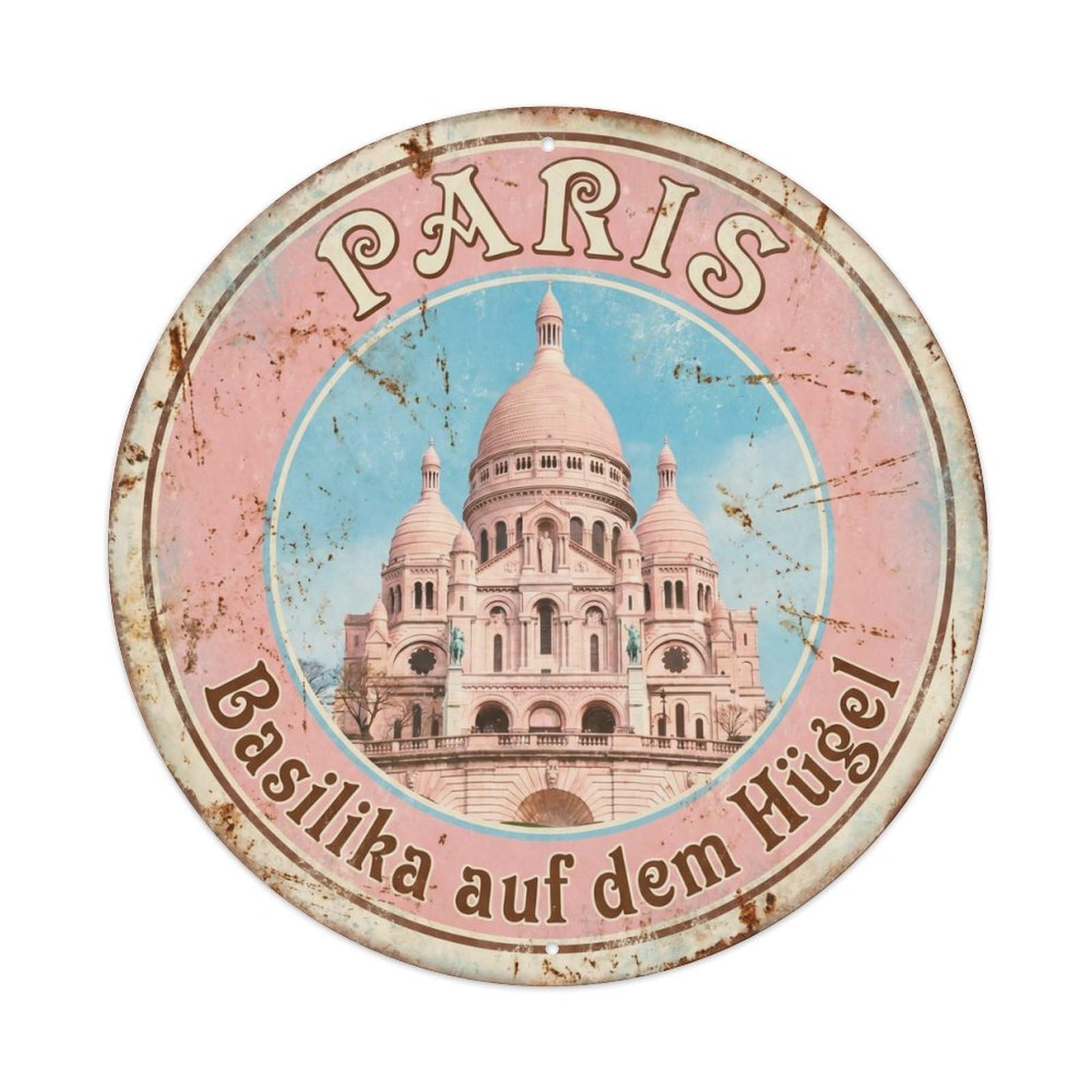 Vintage Travel Sacre Coeur Montmartre Paris Metal Tin Sign Plaque Wall Decor for Cafe, Club, Garden Round Metal Poster 8x8Inch