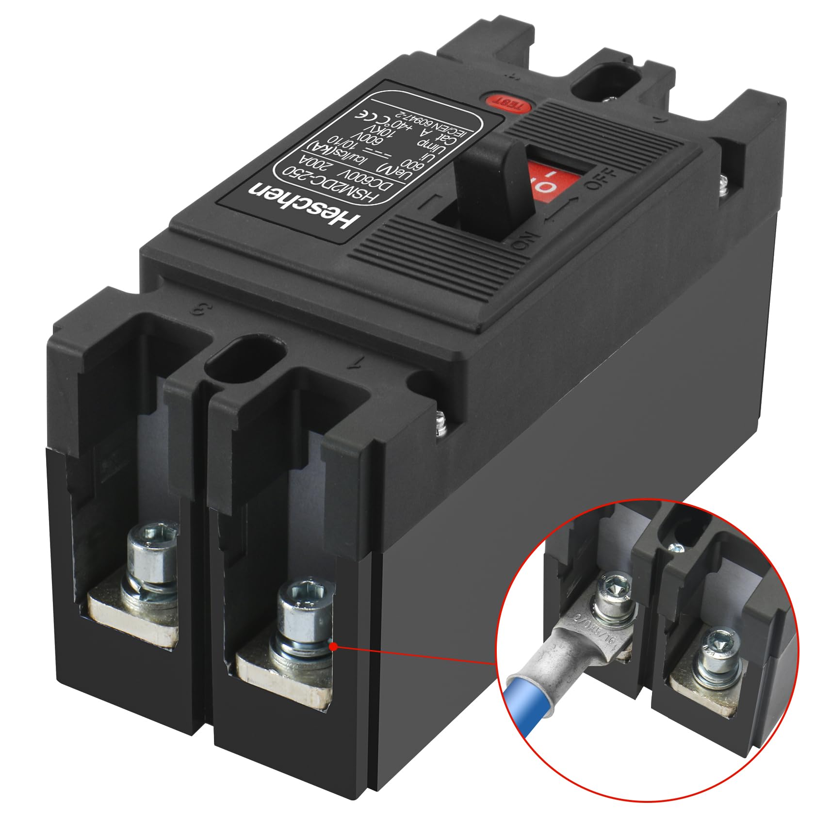 Heschen Wyłącznik obudowy DC MCCB, HSM2DC-250, 200A, 2-biegunowy, DC600V, wyłącznik fotowoltaiczny, z 4 sztukami cynowanych miedzianych końcówek kablowych, do fotowoltaiki, USV, baterii