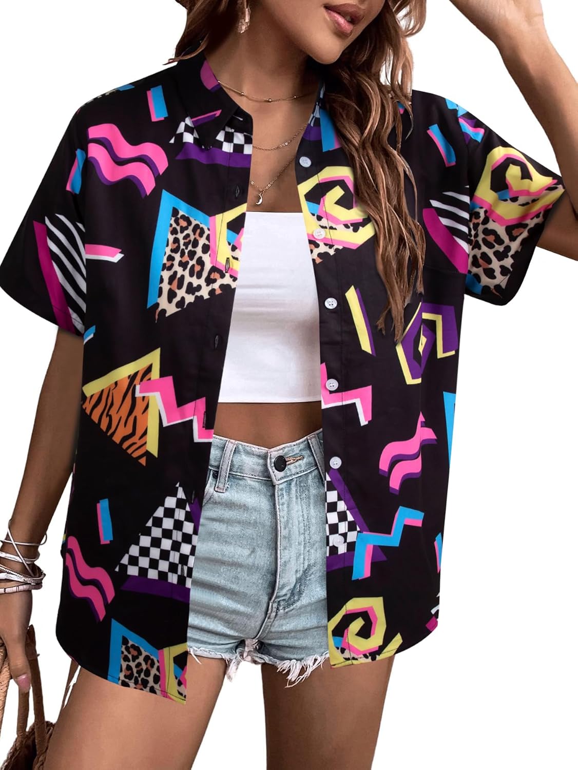 80s 90s Outfits for Women: 80s Disco Party Themed Shirt Vintage 90s Neon Hawaiian Button Down Short Sleeve Tops