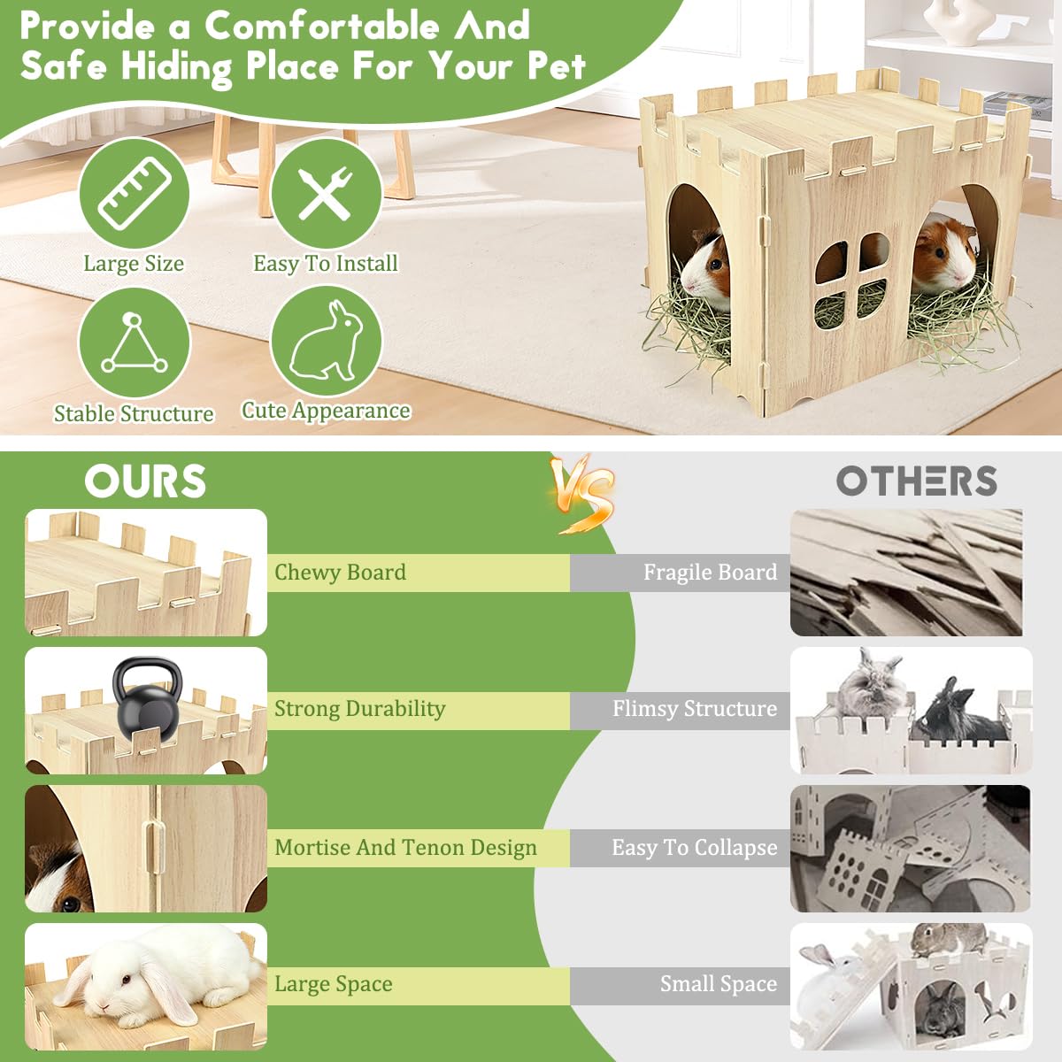 Kaninchenhaus Holzhaus Kaninchen Spielzeug 40x30x30cm Nagerhaus für Kanninchen Versteck aus Holzkaninchen Hasenhaus mit Flachdach und Belüftungslöchern Abschließbares Spielhaus Meerschweinchen