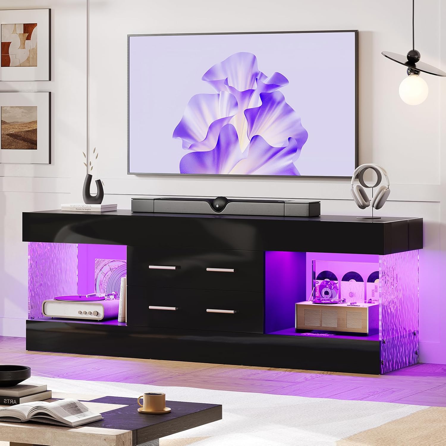 Bestier 60 Inch Modern TV Stand for 65+ TVs - High Gloss Black Entertainment Center with LED Lights, 2 Drawers & Stone Panels