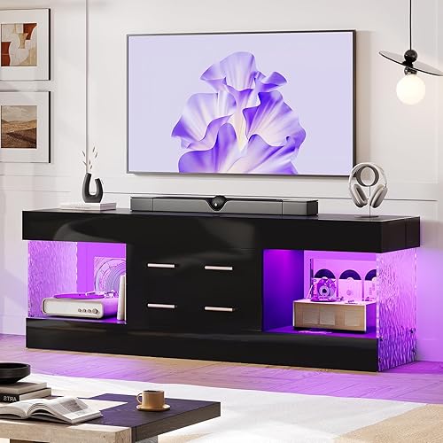Bestier Moderno soporte de TV de 60 pulgadas para TV de 65/60/55+, centro de entretenimiento negro brillante con 2 cajones y luces LED, paneles