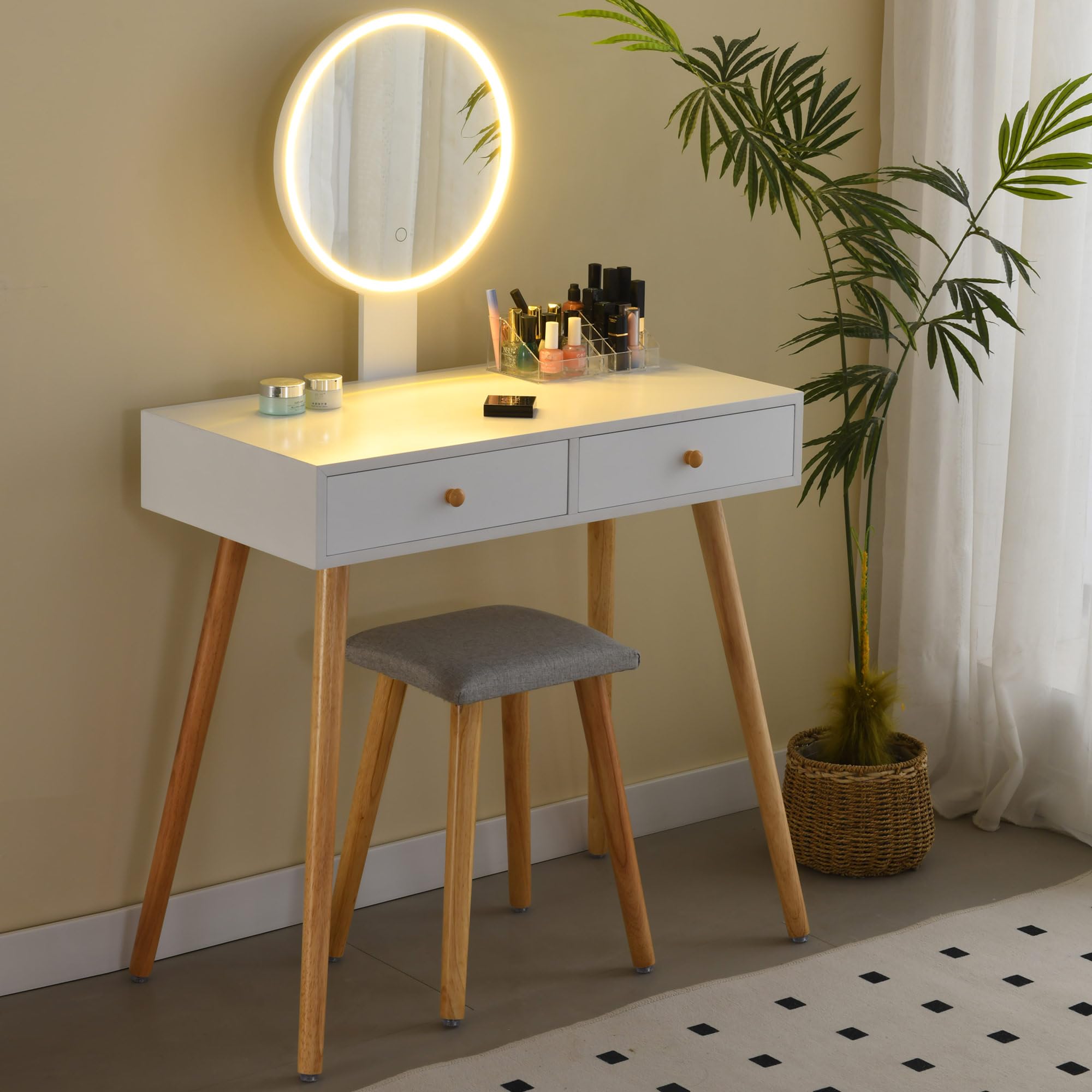 Dressing Table with Led Lights Mirror, Vanity Desk with 2 Drawers and Cushioned Stool, 80cm Wide Makeup Desk, Modern Bedroom Dresser, White [Energy Class G]