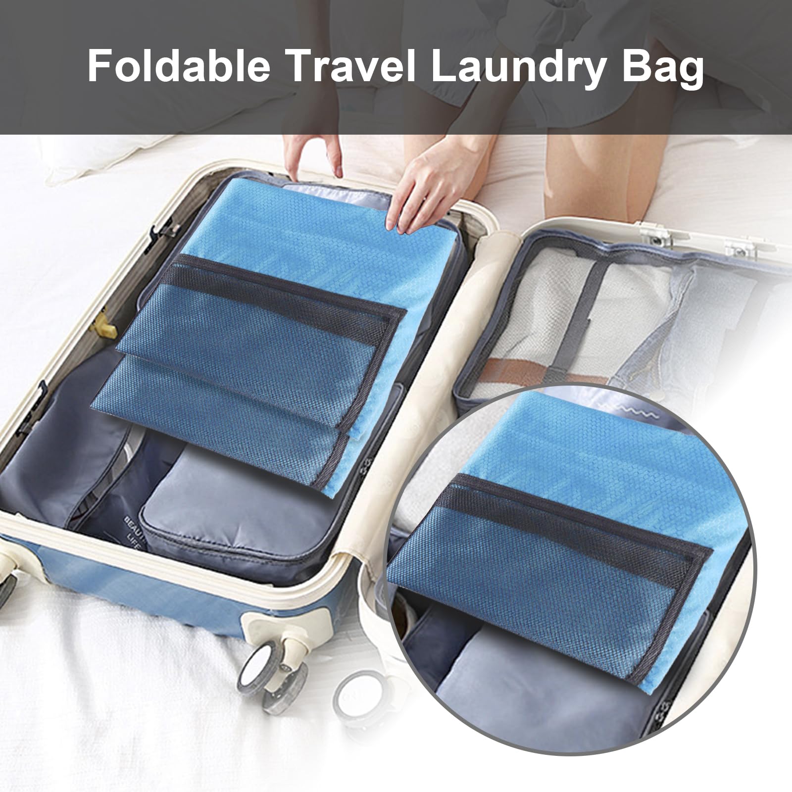 Bolsa de lavandería duradera con correas para los hombros y bolsillos de malla, bolsa portátil para ropa sucia para dormitorio universitario (azul)