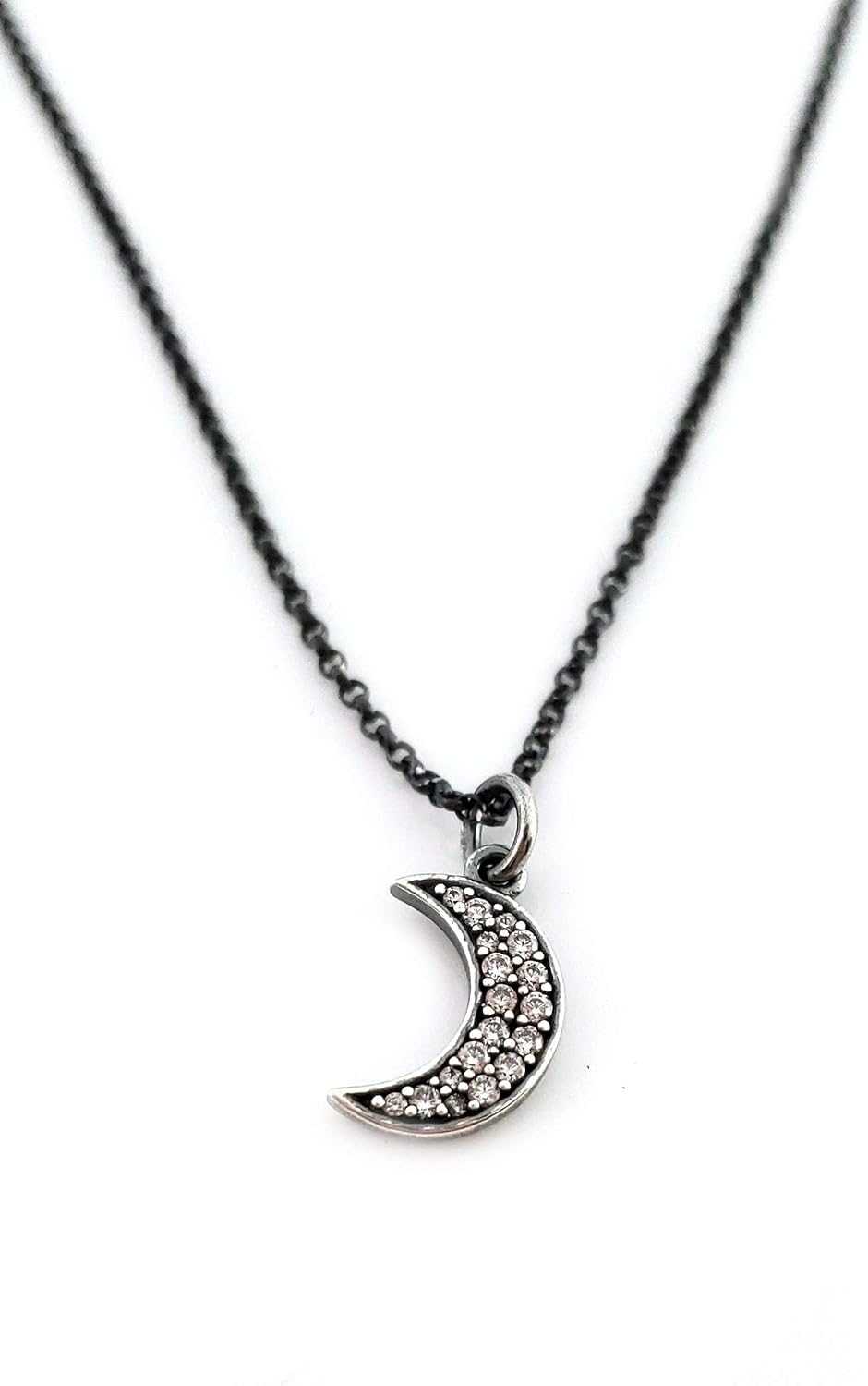 Oxidized Sterling Silver Crescent Moon Necklace – Genuine Diamond Charm, 18 Inch Chain, Celestial Gift