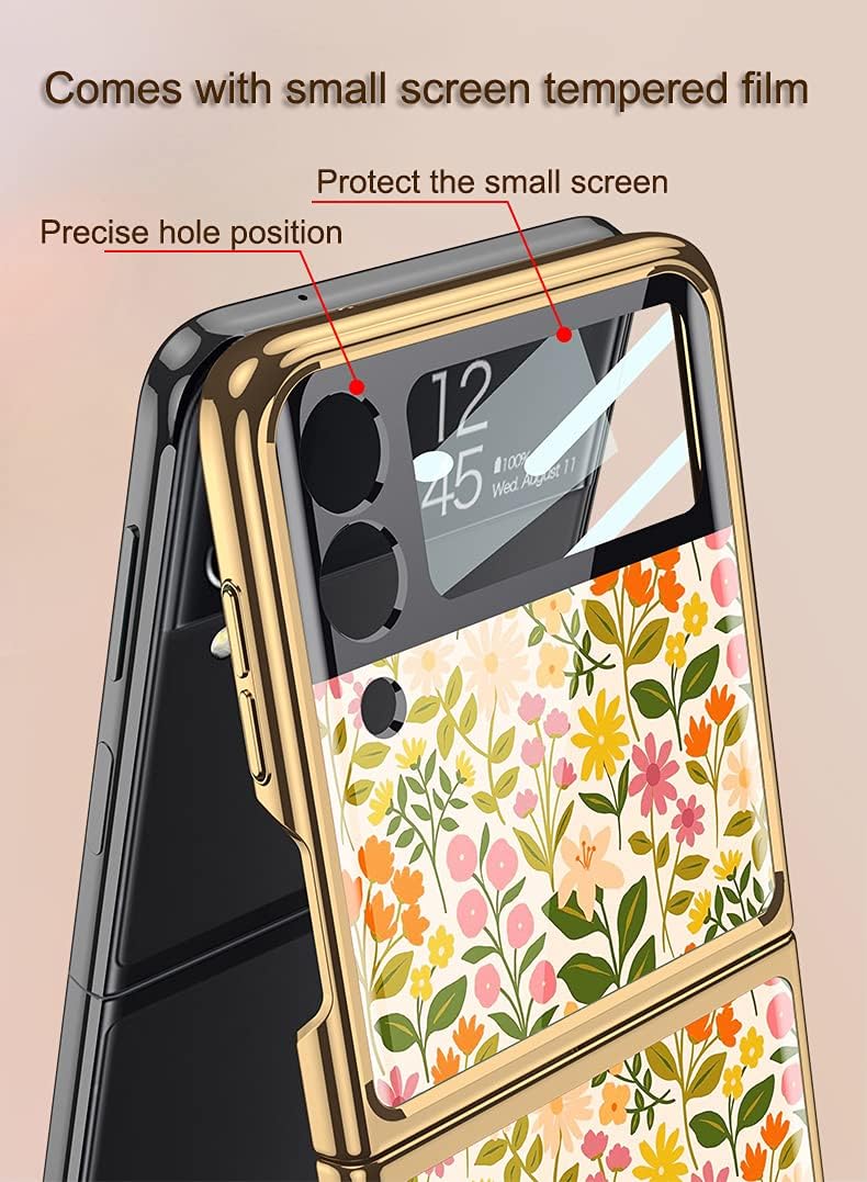 SHIEID Z Flip 3 Case, Z Flip 3 Case Ultra-Thin Tempered Glass Phone Case Protective Cover for Galaxy Z Flip 3 5G Fashion Electroplated PC Back Cover, Flowers-2