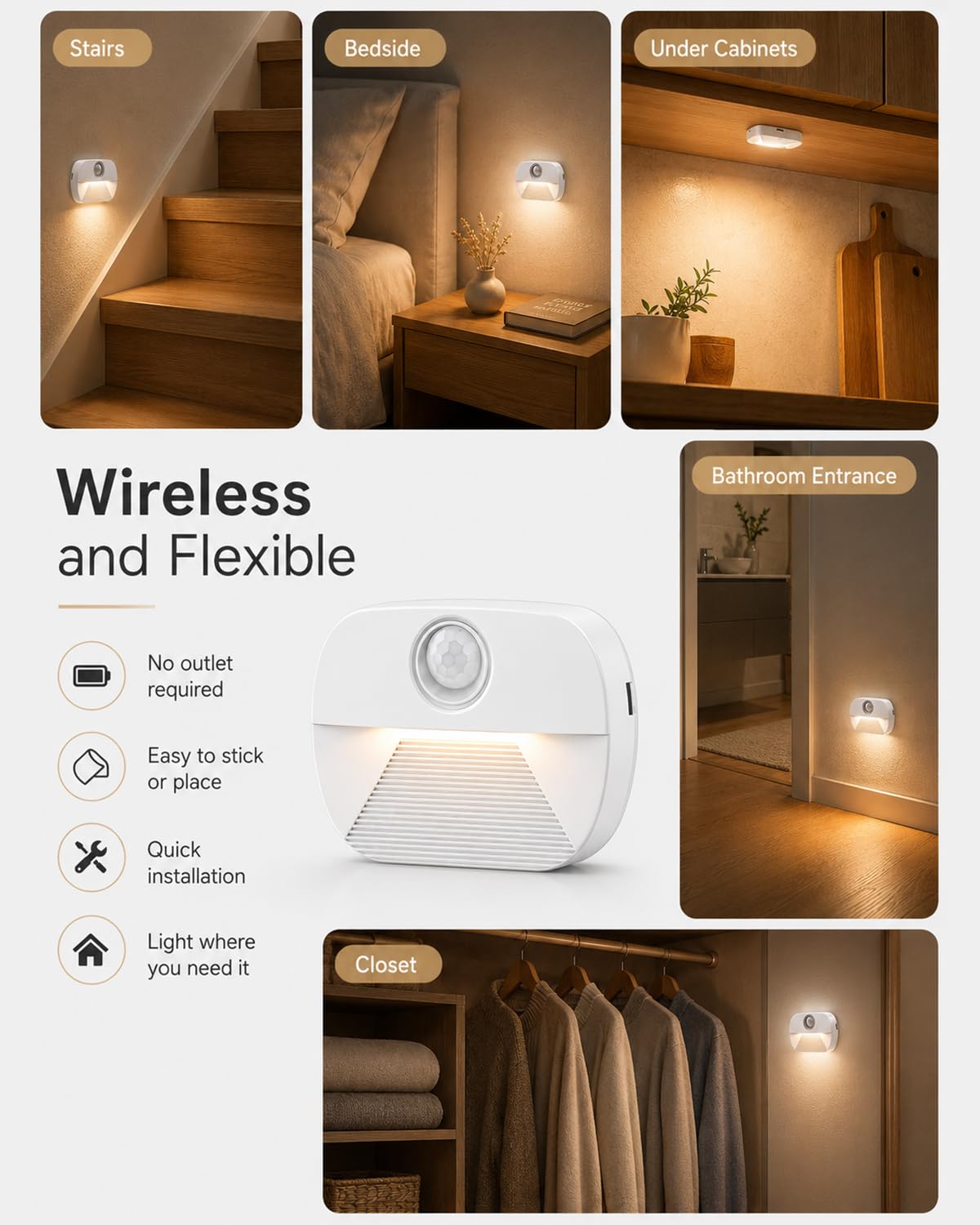 Luz nocturna LED con detector de movimiento, 4 unidades de luz de movimiento para niños, funciona con pilas, iluminación interior para escaleras, luz de sensor de encendido/apagado para pasillo