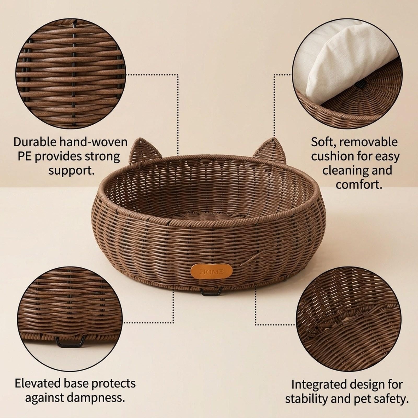 Geflochtener Katzenkorb Aus Rattan, Rund, Waschbar, Handgewebt, Strapazierfähig Und Weich, Geeignet für Katzen Und Kleintiere, S