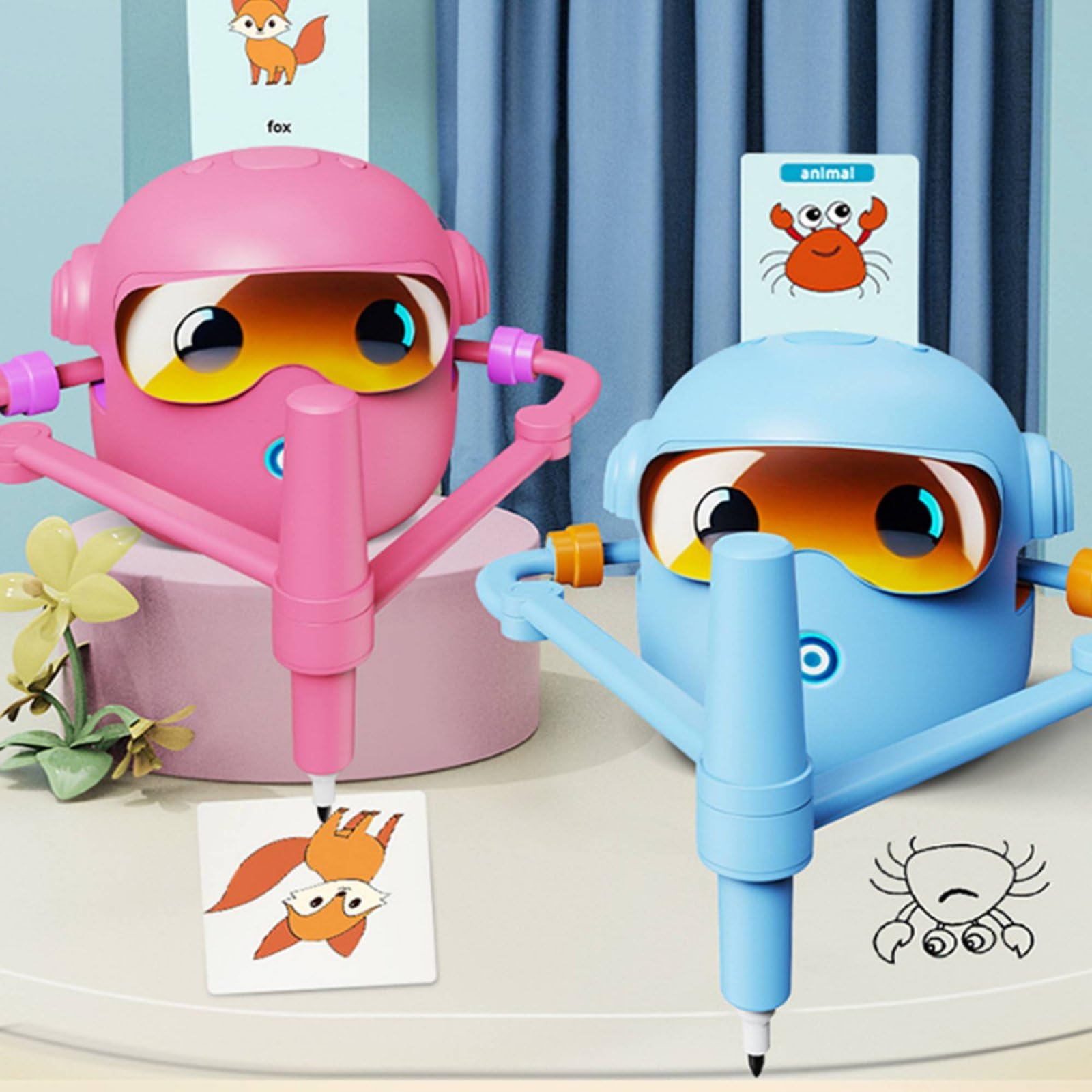 Robot da Disegno per Bambini Giocattolo Arte Interattiva Didattico Completo Lettura Rapida Carte 0.3s Motorizzati Pratica Del 100 Schede Incluse, Rosa, Senza Penne