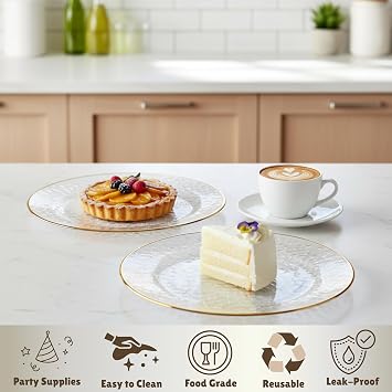 Luxia 20Pcs Clear Plastic Dinner Plates and Dessert Plates Set -Elegant Gold Rim & Hammered Textured Design, Durable, Reusable Tableware for Wedding & Party