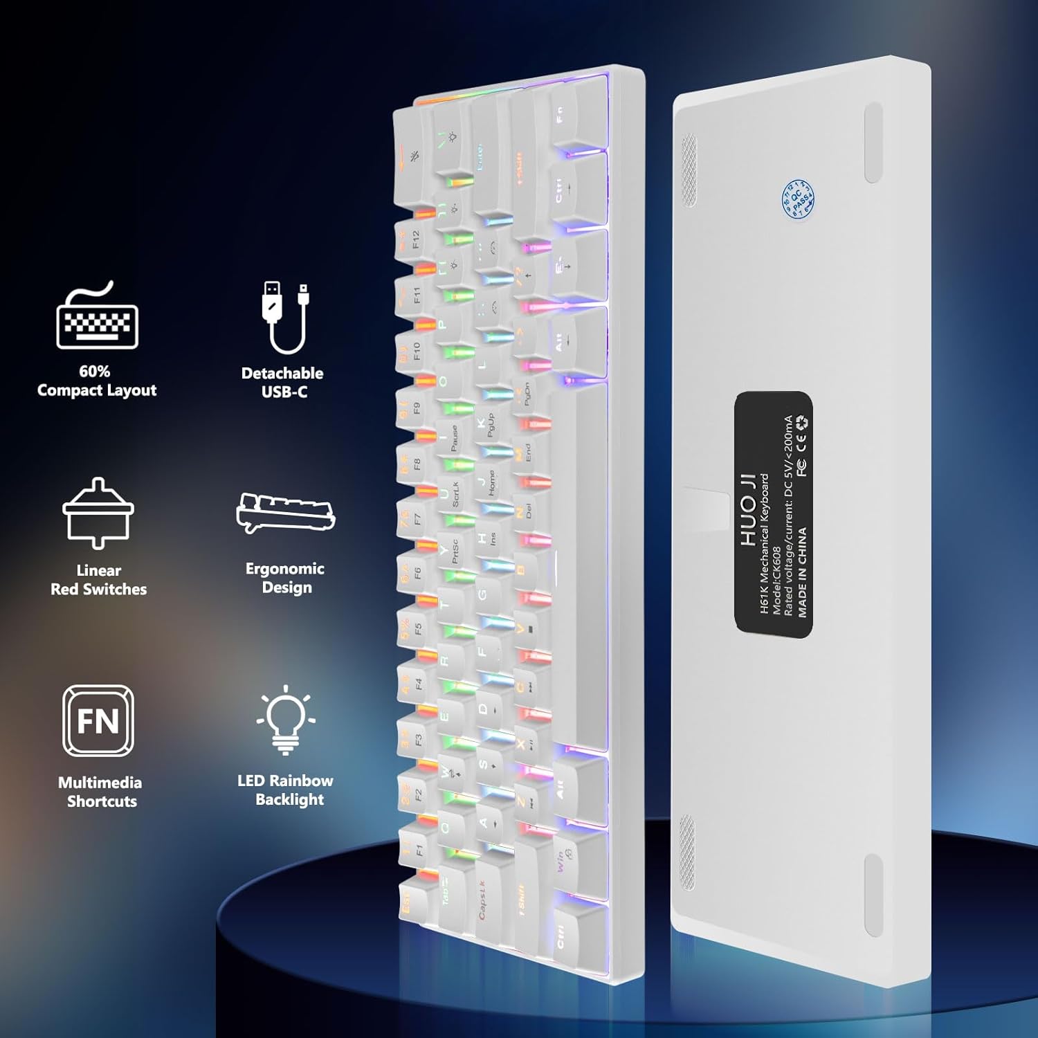 HUO JI CK608 keyboard highlighting FN multimedia shortcuts and compact layout