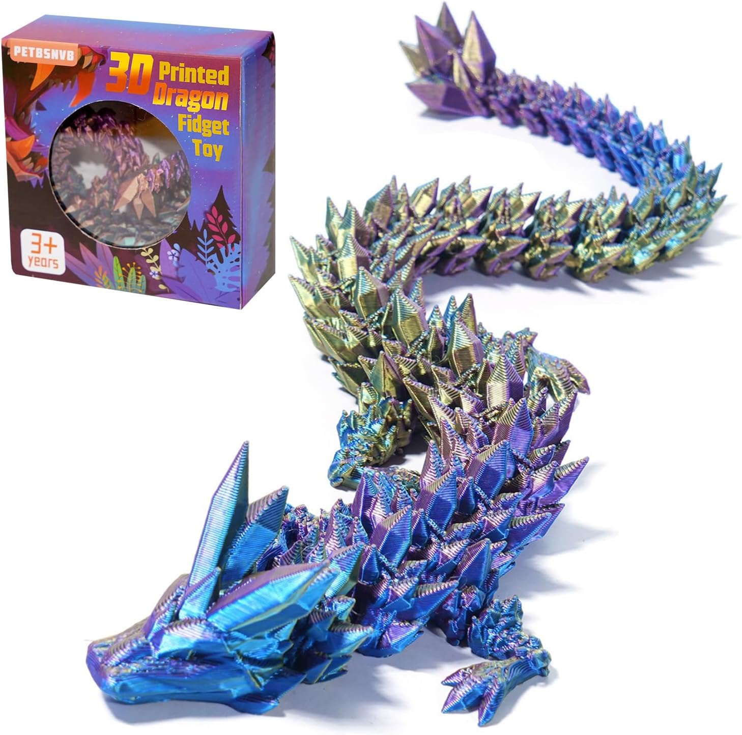 Three Color 12" 3D Printed Dragon, Articulated Dragon, Crystal Dragon, Dragon Fidget Toy, Home Office Decor Executive Desk Toy (Blue Head)