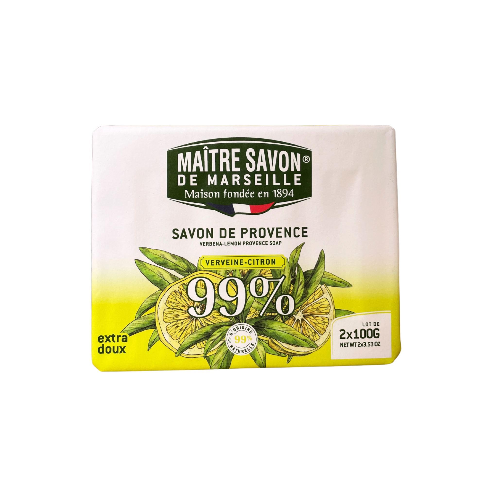 Maître Savon de Marseille - Provence-Seife Verveine-Zitrone – Extra Mild – 2x100g – 99% Natürliche Inhaltsstoffe – Hände & Körper