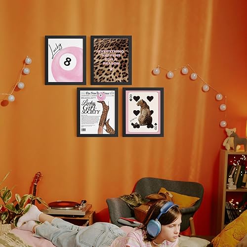 Miniatura 5 de DSHFG Juego de 4 pósteres de 8 bolas, diseño de leopardo y guepardo de la suerte, color rosa, estético, retro, estampado de guepardo, decoración de