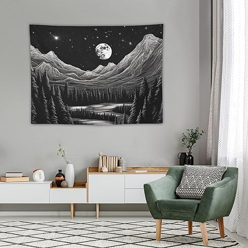 Miniatura 4 de BAHELS Tapiz estético de noche estrellada en blanco y negro, luna, estrellas, naturaleza, montaña, tapiz de tela, decoración de pared para