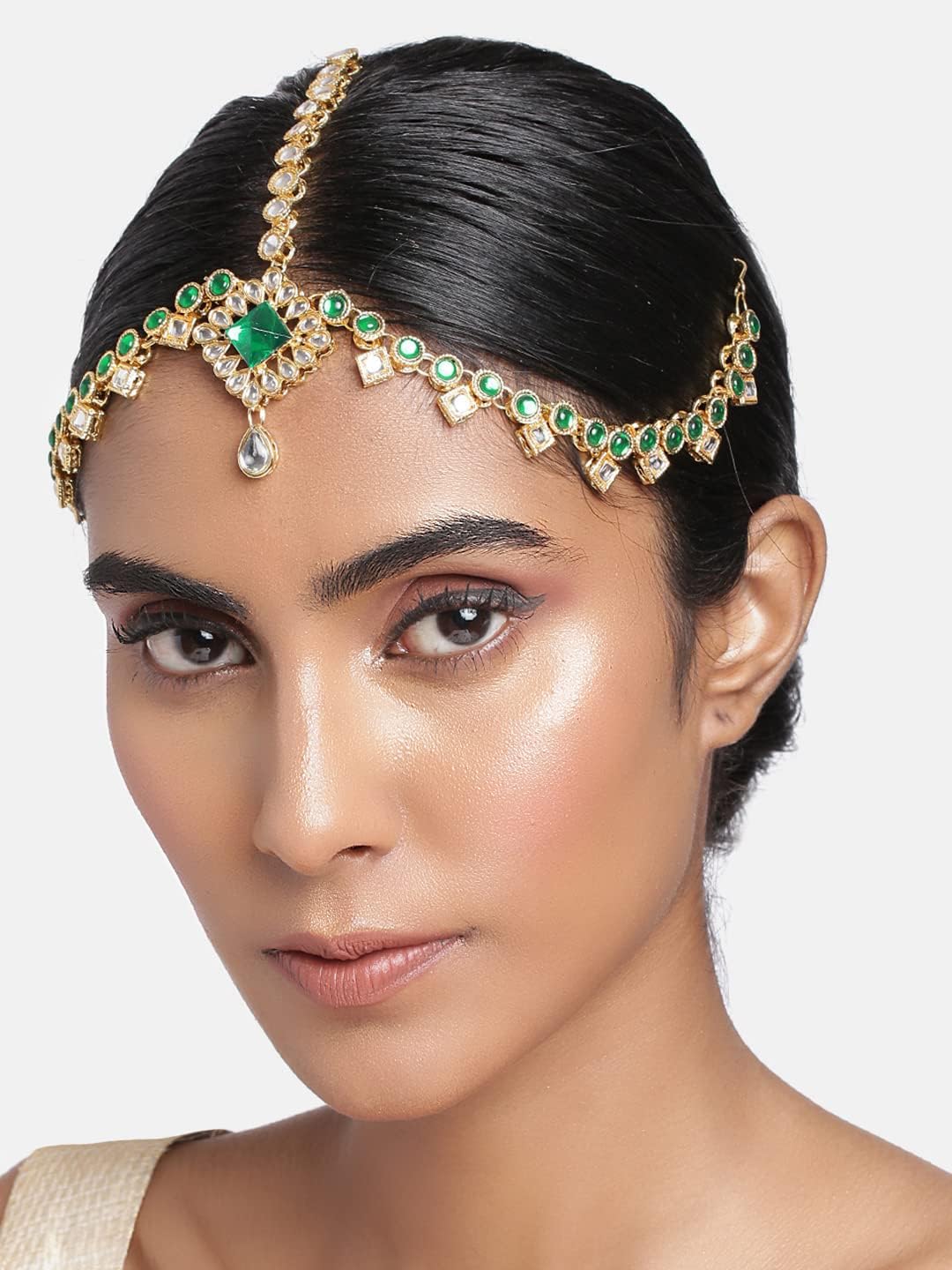 I Jewels Gold Plated Indian Wedding Bollywood Kundan Studded Bridal Matha Patti/Maang Tikka for Women (T204-5)