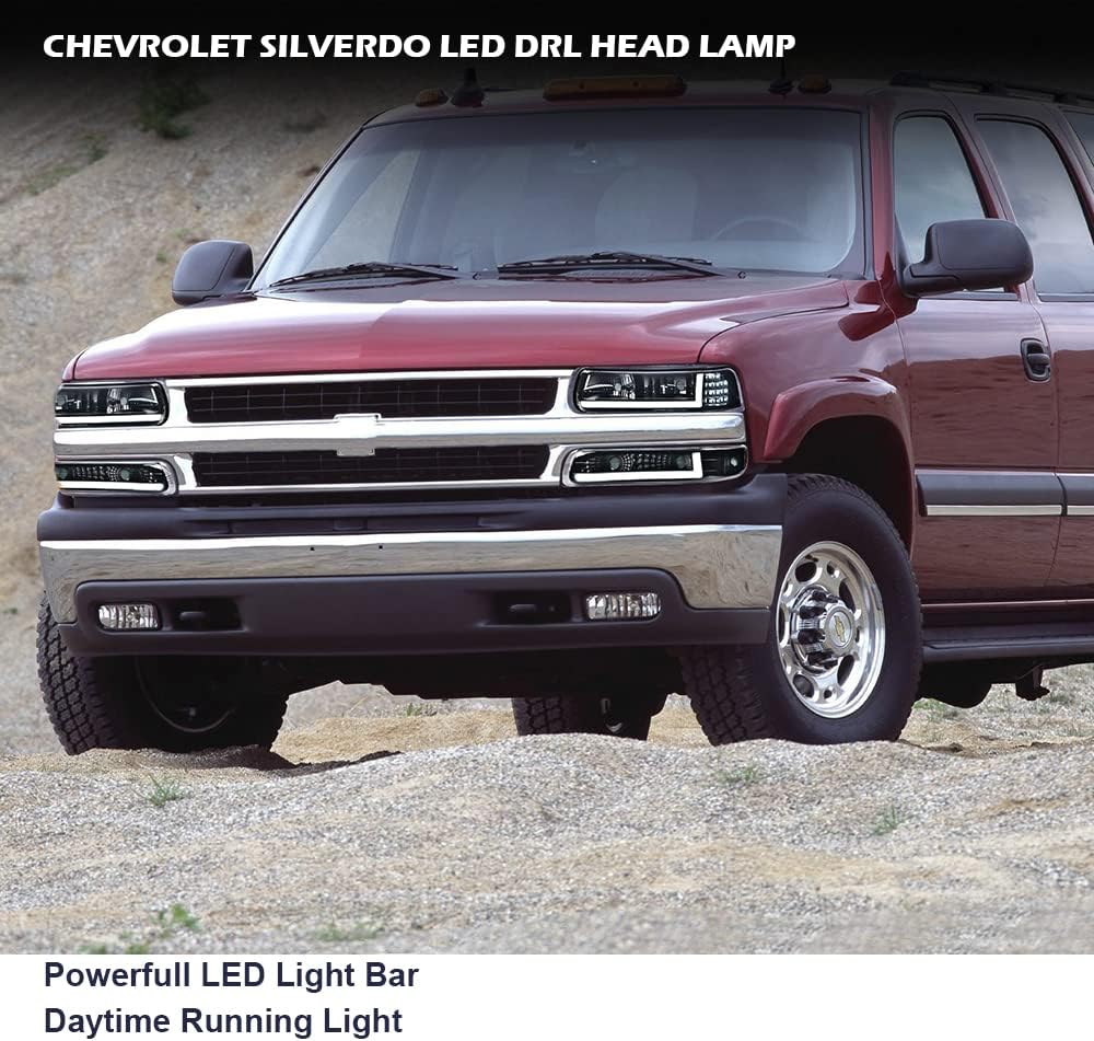 LED DRL Headlight Assembly Compatible with Chevy Silverado 1999-2002, Bumper Headlamps Smoky lens Black Housing Clear Reflector 15199559 15199558 16526133 GM2521173