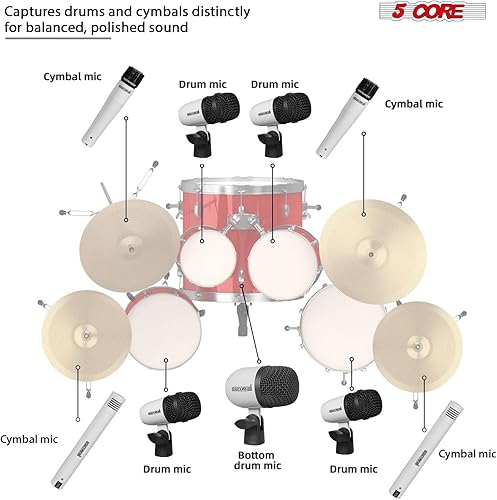 Miniatura 29 de 5 CORE Kit de micrófono de batería de 7 piezas All Metal Drummer Mics Tom/Snare & Cymbals Professional Wired Instrument Drums Set Microfonos Incluye