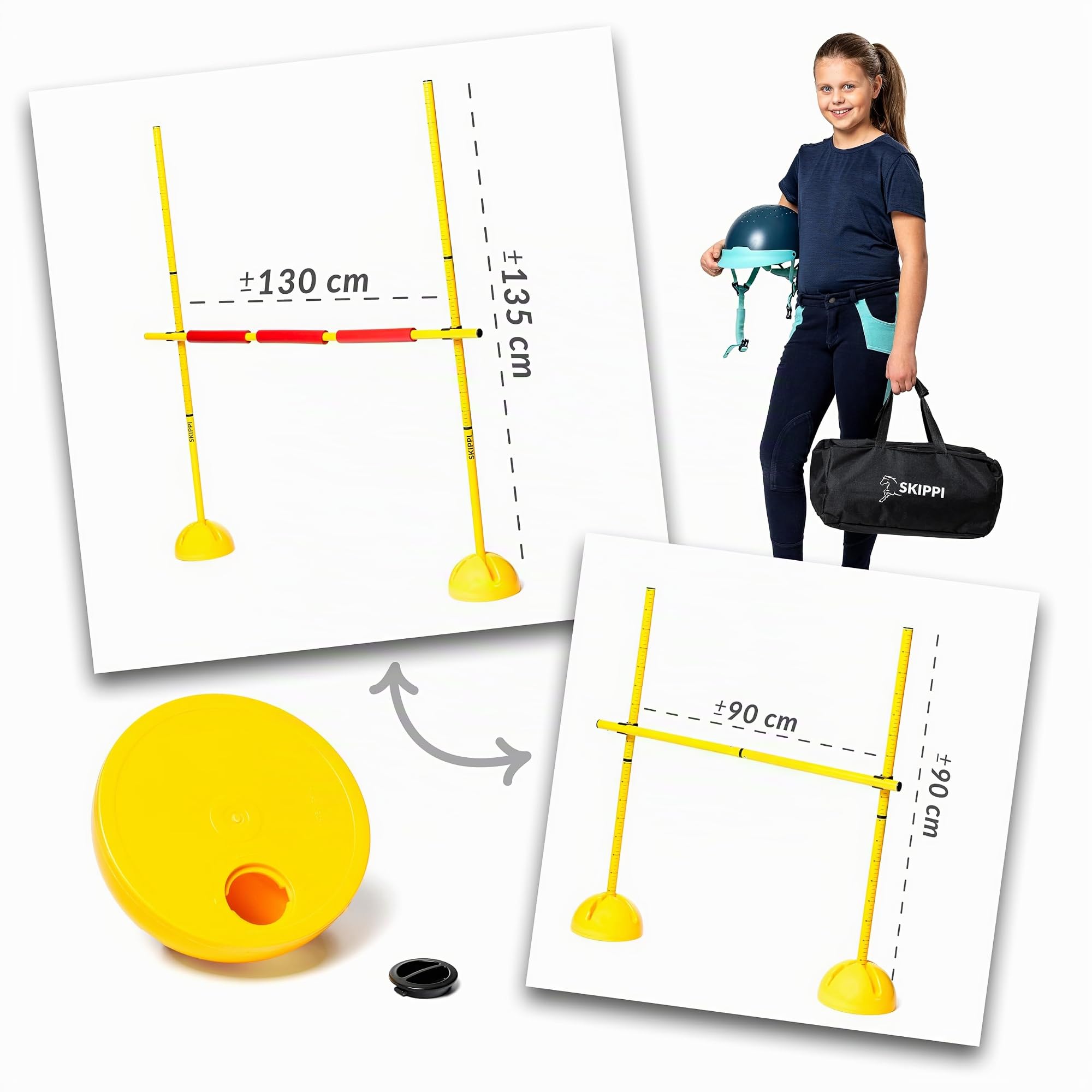 SKIPPI Obstáculo de Salto a Partir de 4 años para Caballo de pasatiempo, 135 cm, Ligero, portátil, Altura Ajustable, Incluye Embalaje con asa, Varilla de Repuesto, Juego de Soportes, Adecuado para