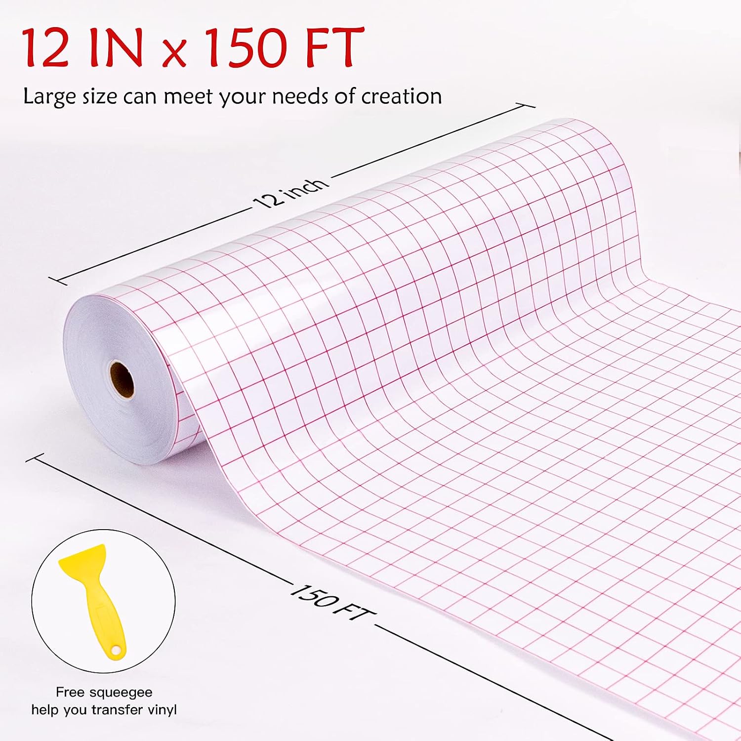 Transfer Tape for Vinyl - 12” x 150 FT w/Red Alignment Grid Vinyl Transfer Tape, Medium Tack Clear Transfer Tape for Adhesive Vinyl for Signs Stickers Decals